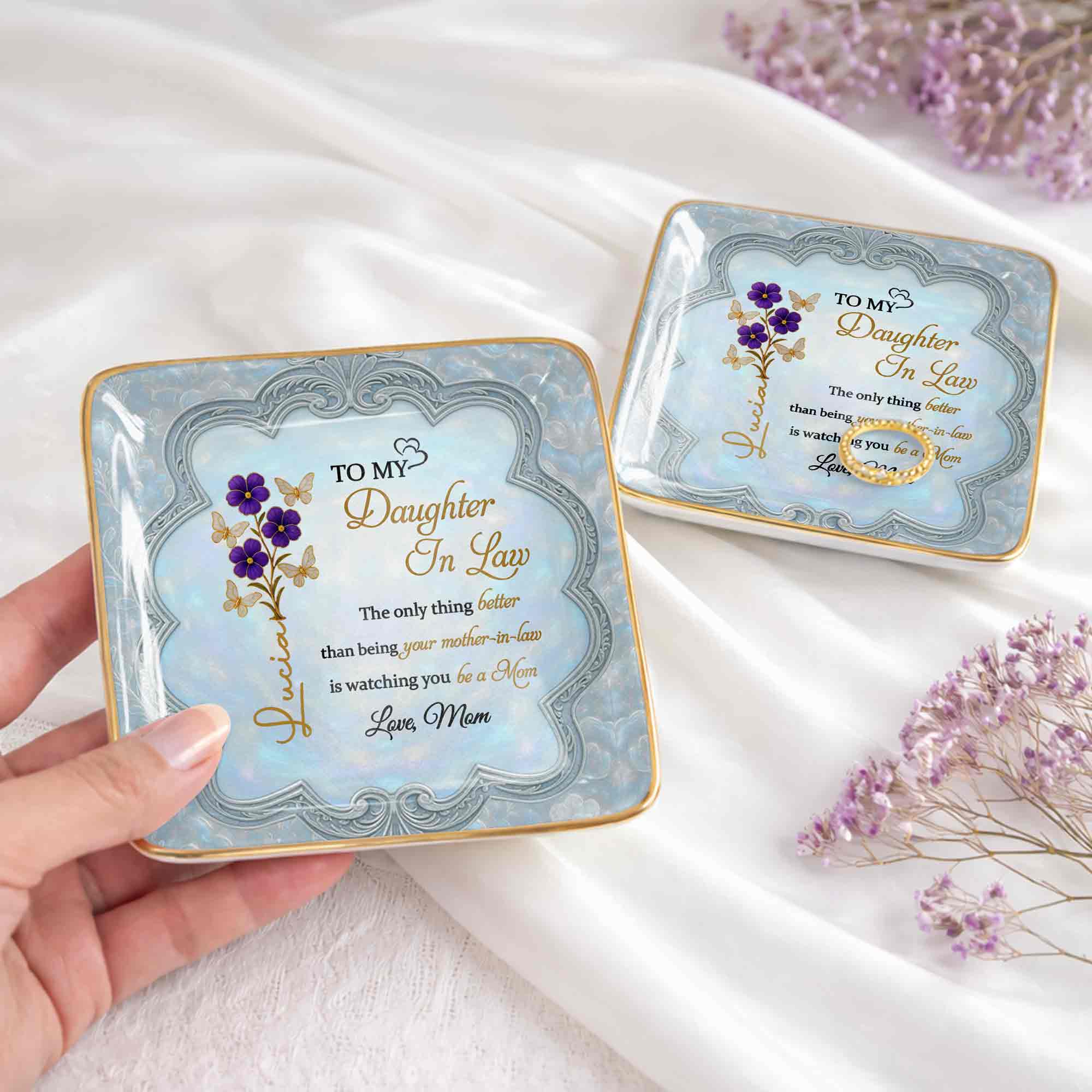 To My Daughter In Law Better Than Being Your Mother In Law Flowers Butterflies - Personalized Custom Jewelry Dish, Ceramic Dish, Square Shape - DILA089_SCRF - Image 4