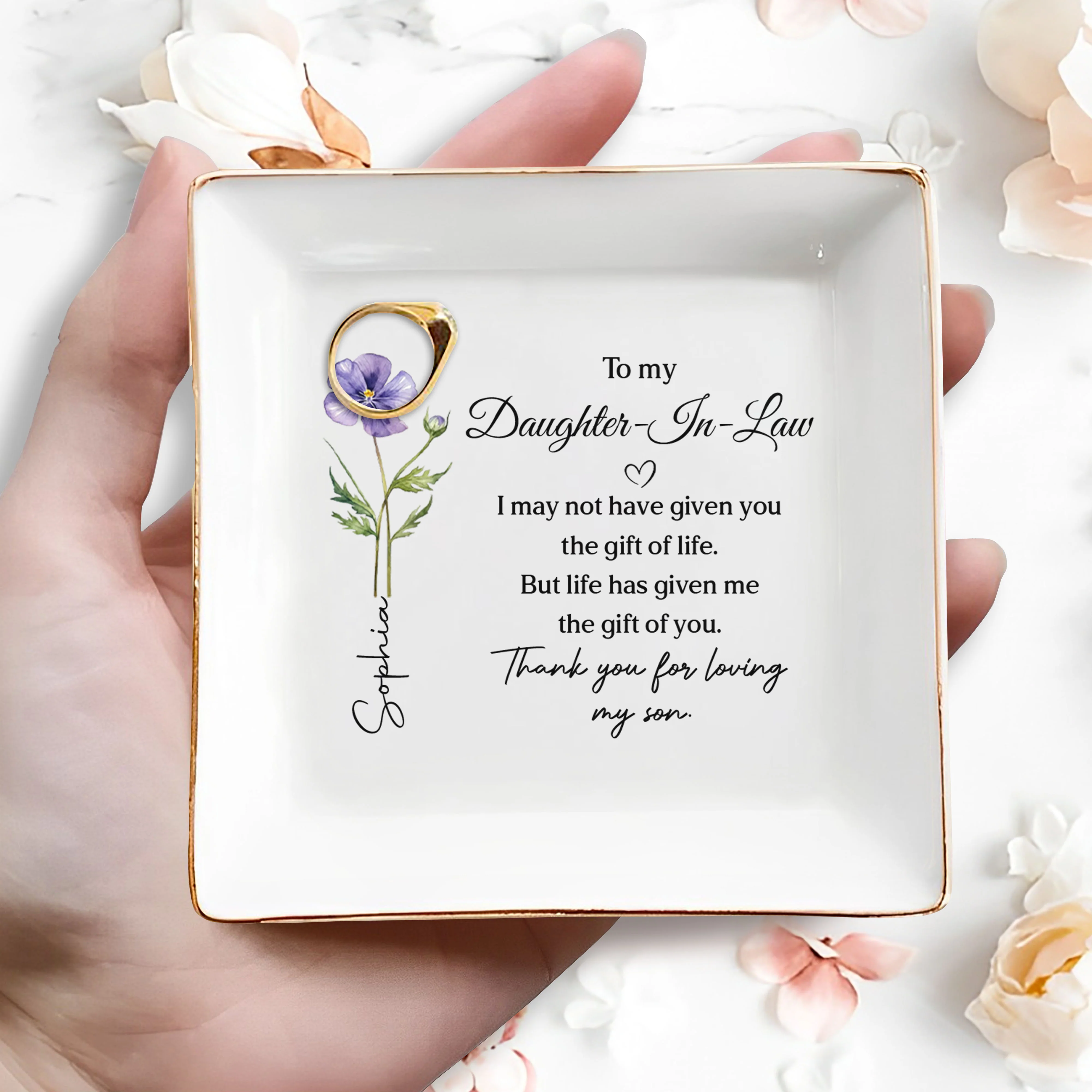 To My Daughter In Law Life Has Given Me The Gift Of You Flower - Personalized Custom Jewelry Dish, Square Ceramic Dish - DILA093_SCRD - Image 2