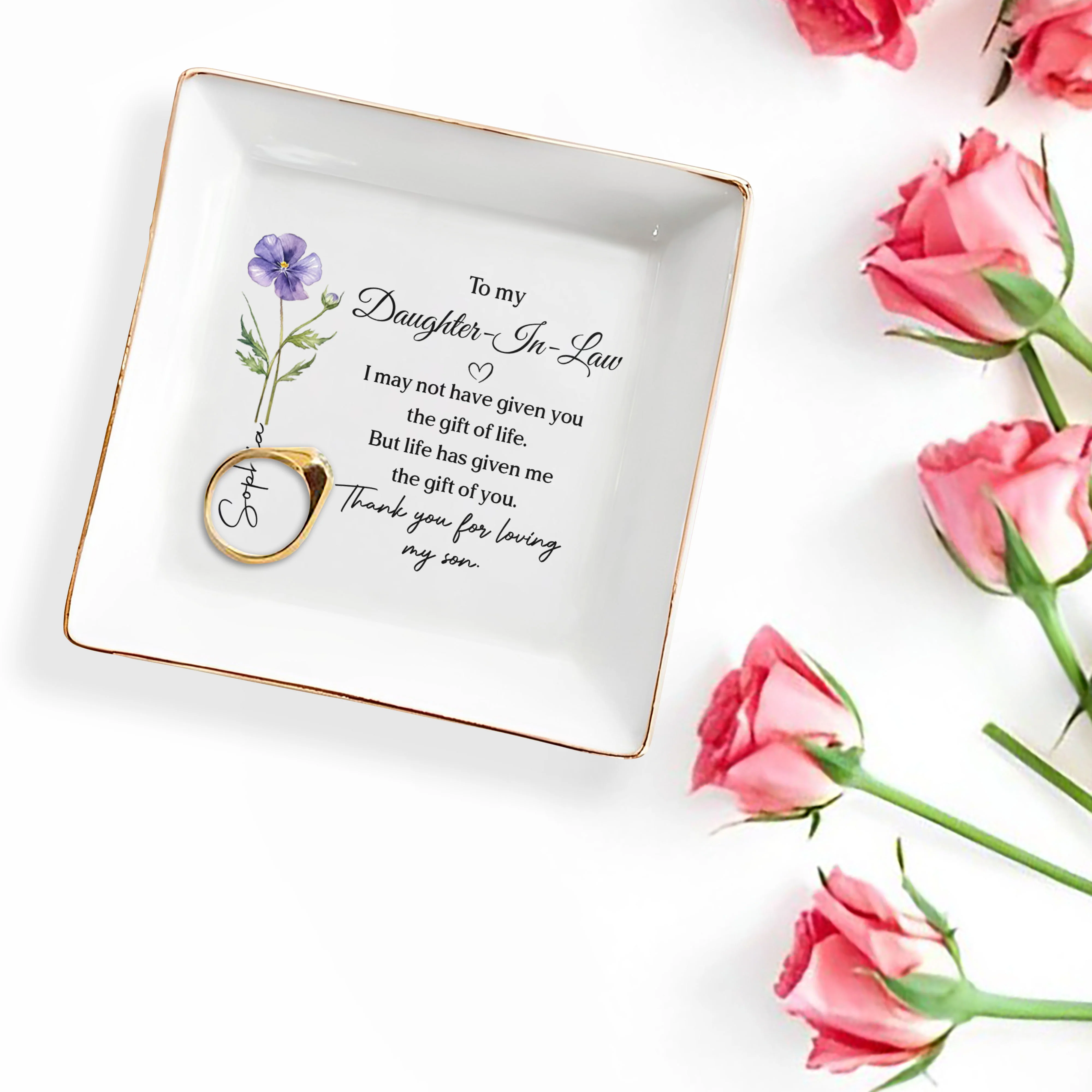 To My Daughter In Law Life Has Given Me The Gift Of You Flower - Personalized Custom Jewelry Dish, Square Ceramic Dish - DILA093_SCRD - Image 3