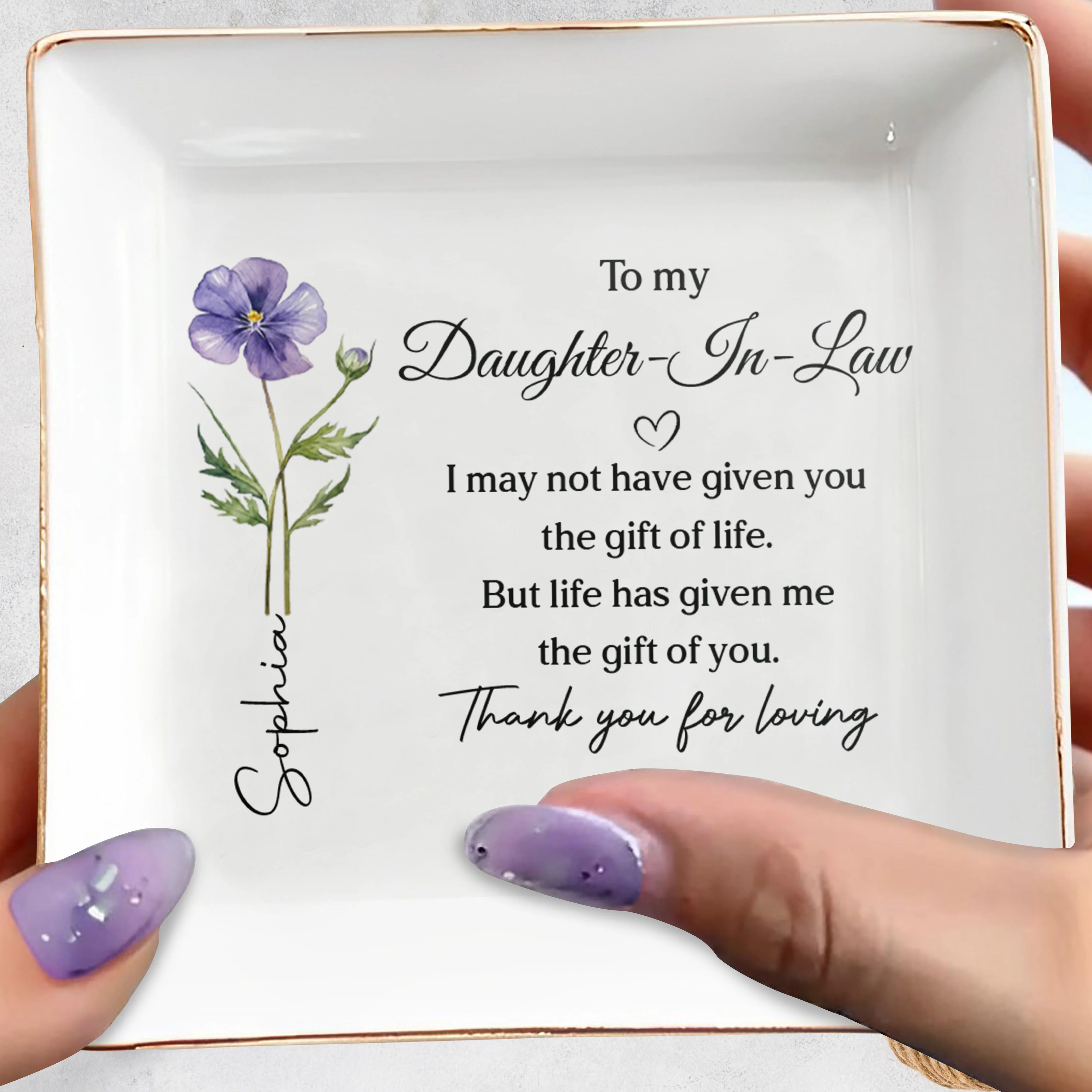 To My Daughter In Law Life Has Given Me The Gift Of You Flower - Personalized Custom Jewelry Dish, Square Ceramic Dish - DILA093_SCRD - Image 5