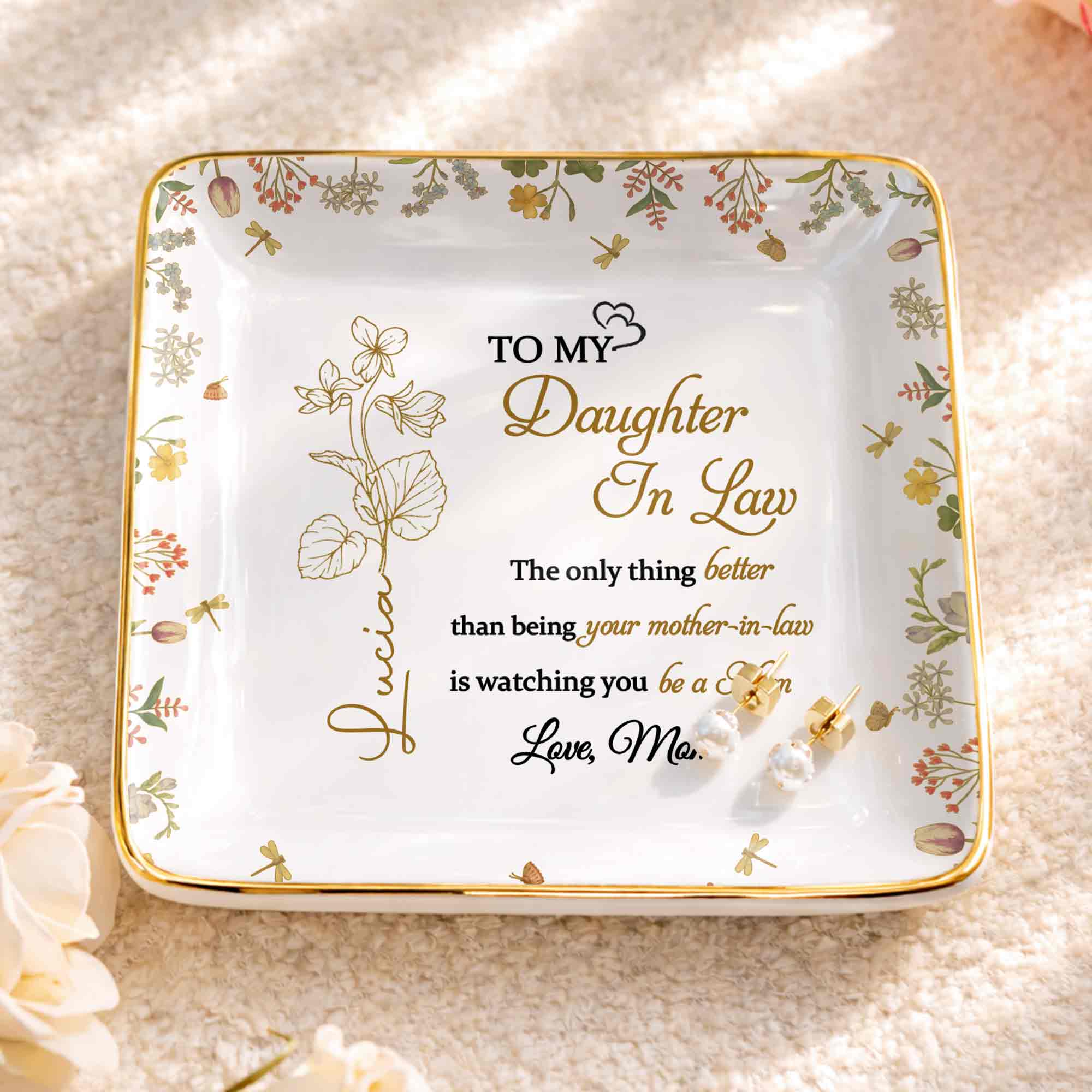 To My Daughter In Law The Only Thing Better Flower Jewelry Trinket - Personalized Custom Jewelry Dish, Ceramic Dish, Square Shape - DILA092_SCRF - Image 3