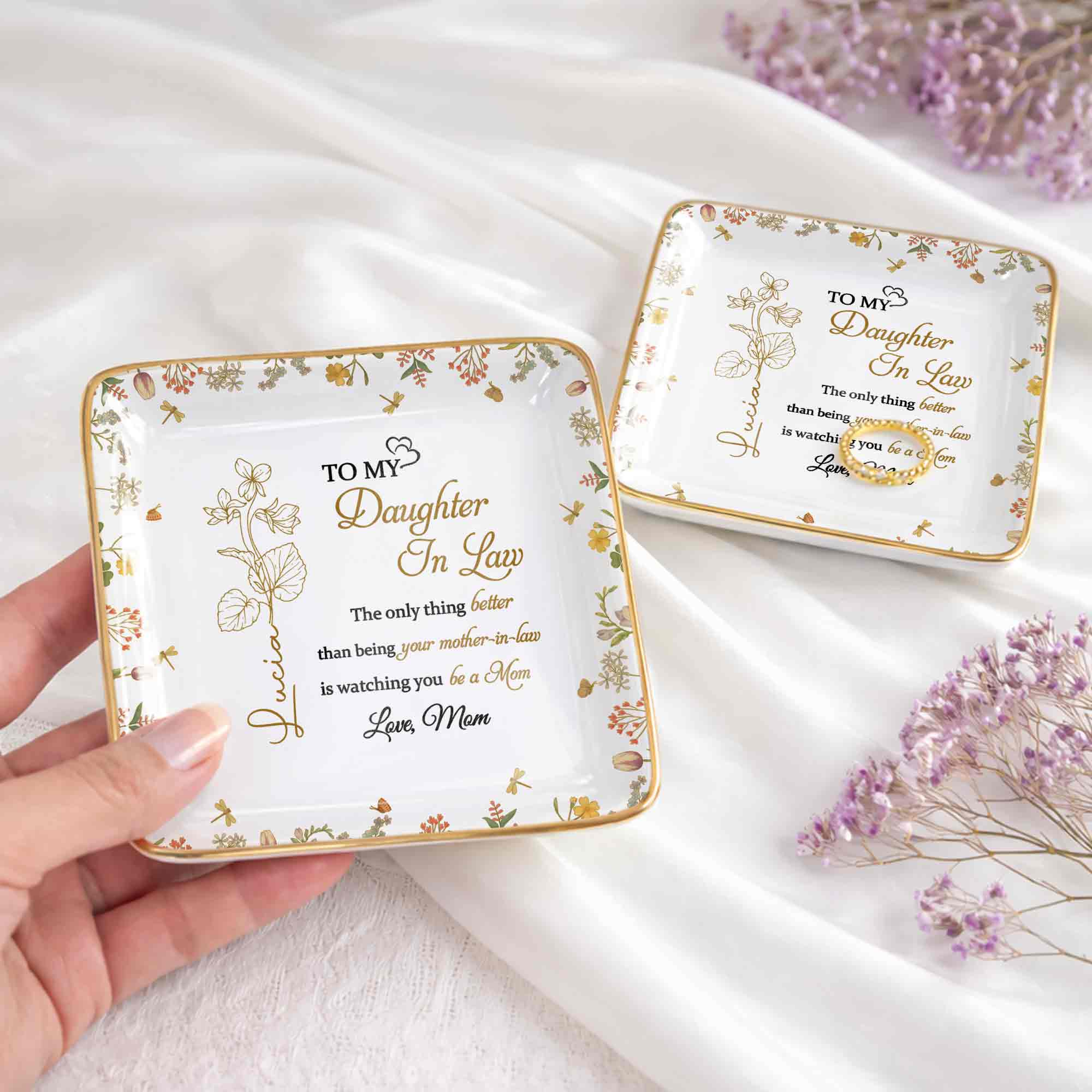 To My Daughter In Law The Only Thing Better Flower Jewelry Trinket - Personalized Custom Jewelry Dish, Ceramic Dish, Square Shape - DILA092_SCRF - Image 4