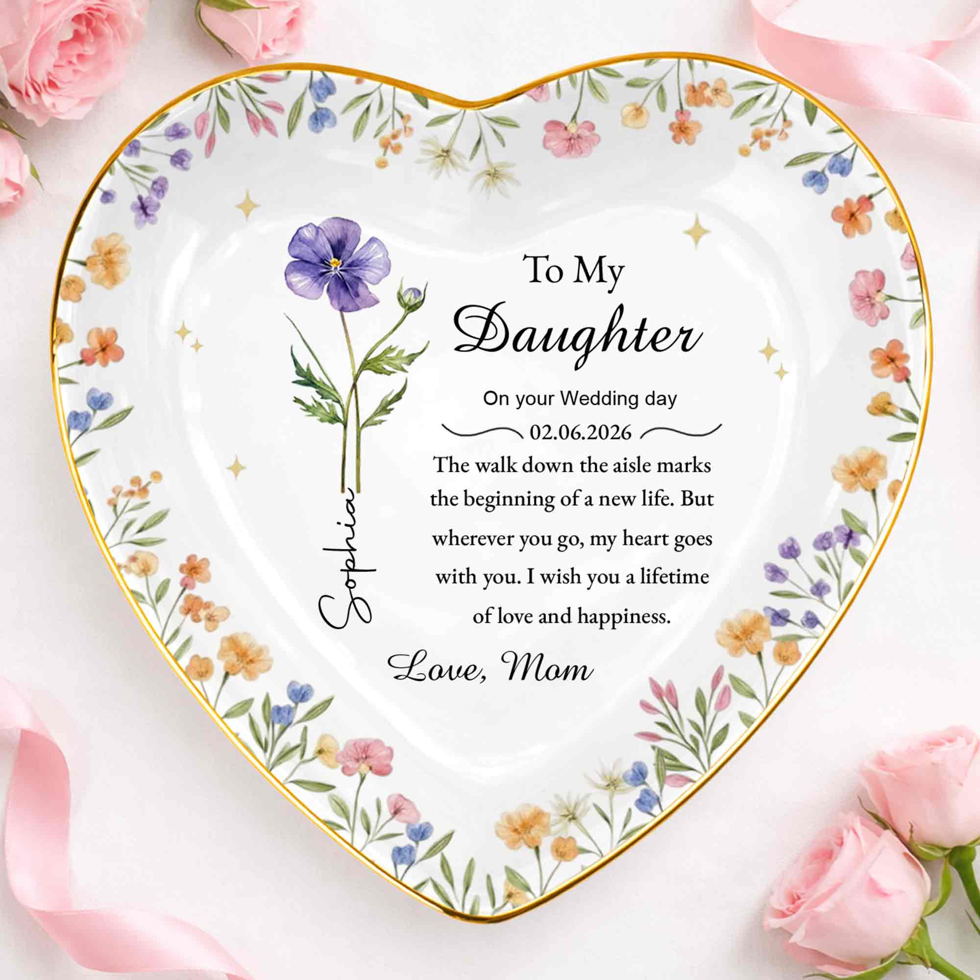 To My Daughter On Your Wedding Day Floral Heart Jewelry Dish - Personalized Custom Jewelry Dish, Ceramic Dish, Heart Shape - DAU322_HCRF - Image 3