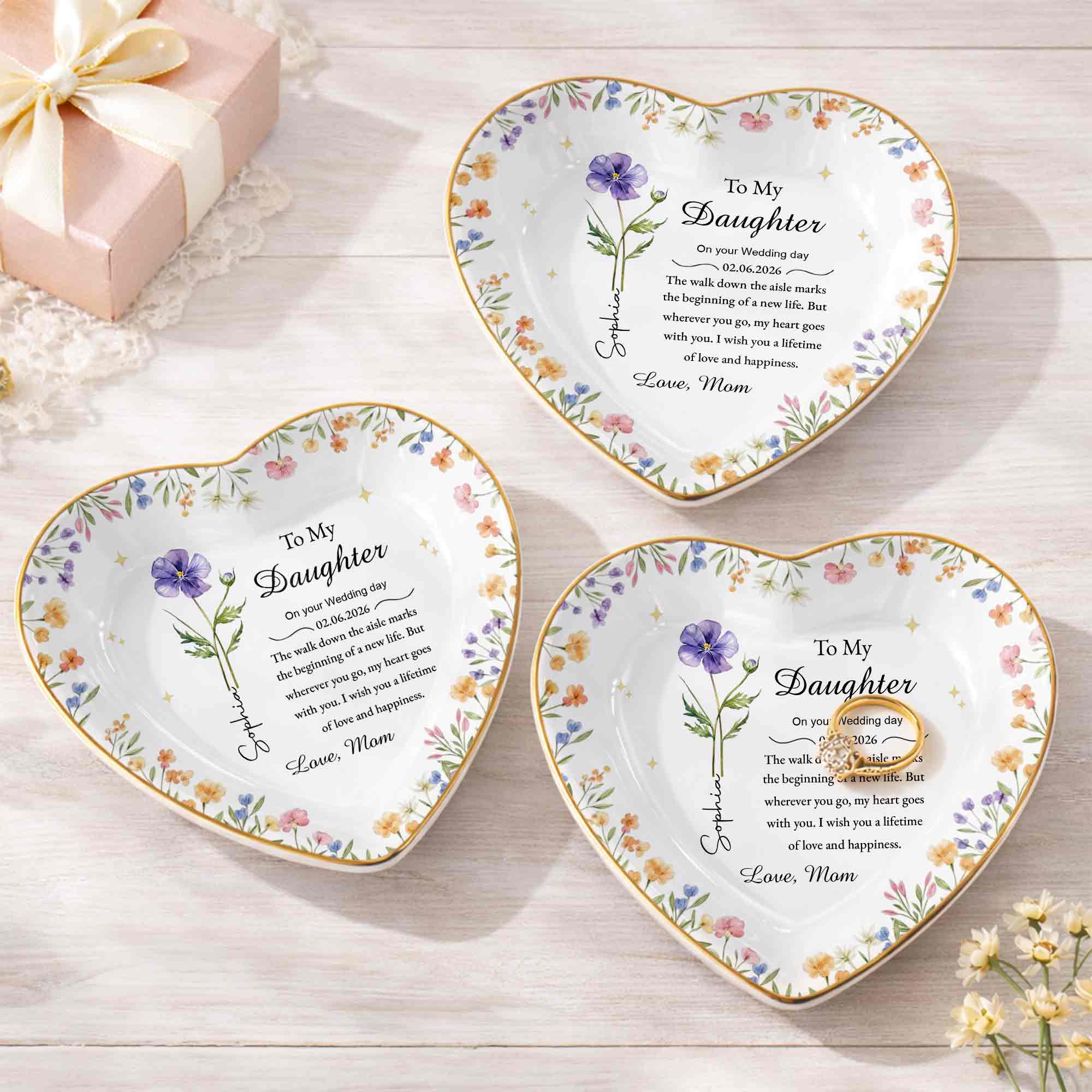 To My Daughter On Your Wedding Day Floral Heart Jewelry Dish - Personalized Custom Jewelry Dish, Ceramic Dish, Heart Shape - DAU322_HCRF - Image 5