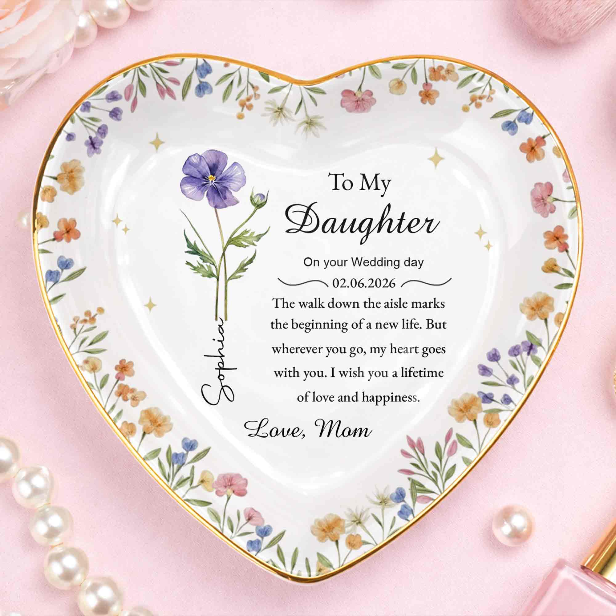 To My Daughter On Your Wedding Day Floral Heart Jewelry Dish - Personalized Custom Jewelry Dish, Ceramic Dish, Heart Shape - DAU322_HCRF - Image 6
