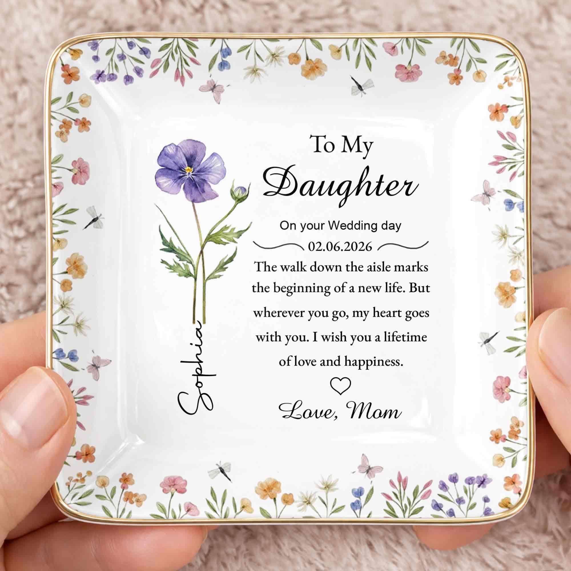 To My Daughter On Your Wedding Day Flower And Butterfly Jewelry Dish - Personalized Custom Jewelry Dish, Ceramic Dish, Square Shape - DAU322_SCRF - Image 2