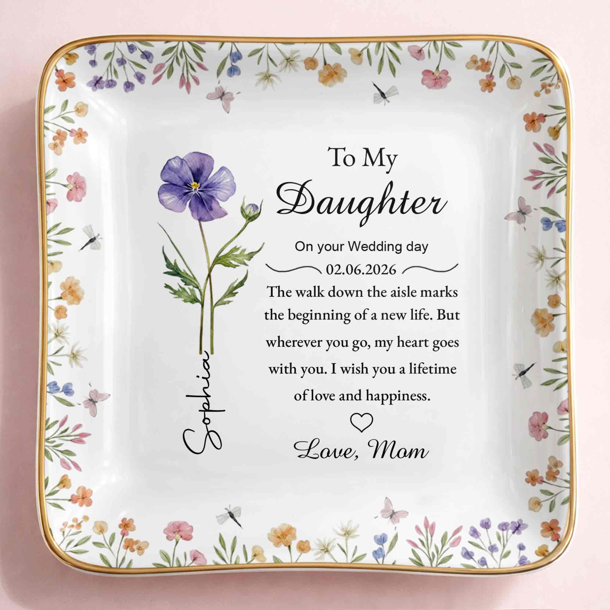 To My Daughter On Your Wedding Day Flower And Butterfly Jewelry Dish - Personalized Custom Jewelry Dish, Ceramic Dish, Square Shape - DAU322_SCRF - Image 8