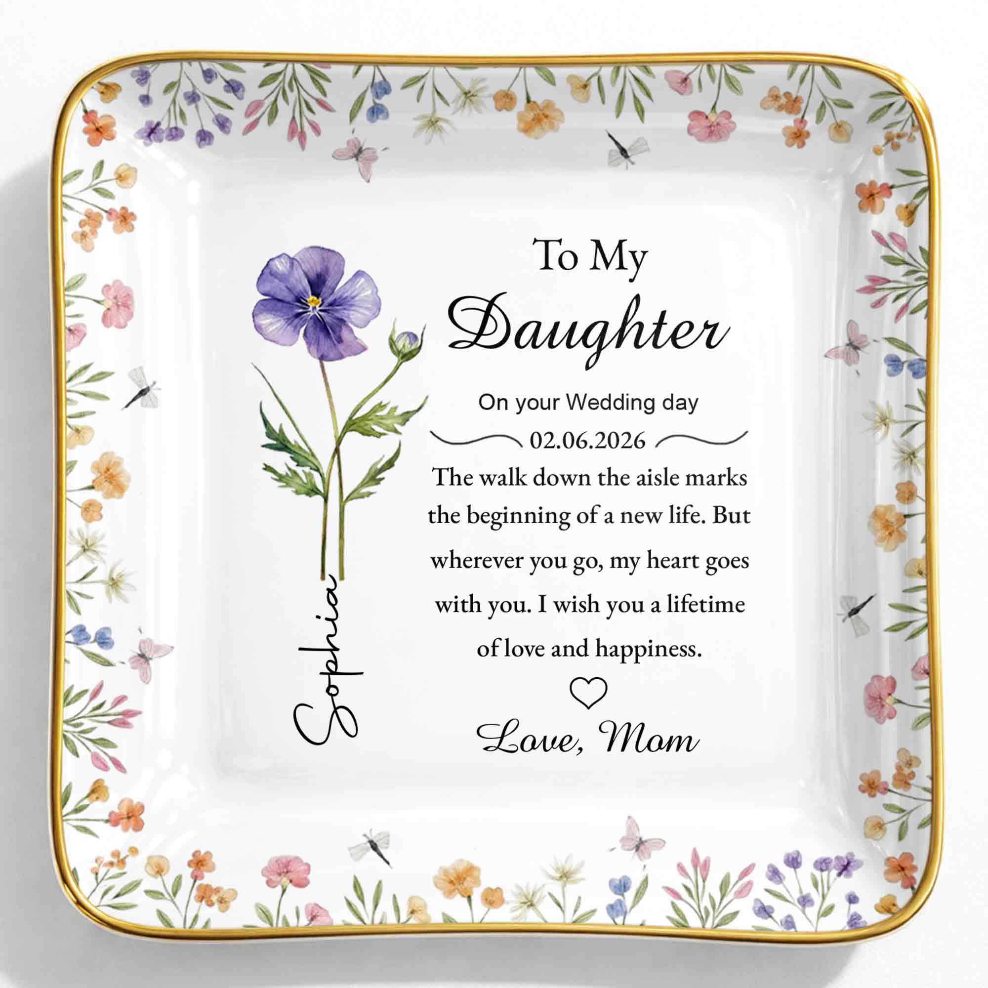 To My Daughter On Your Wedding Day Flower And Butterfly Jewelry Dish - Personalized Custom Jewelry Dish, Ceramic Dish, Square Shape - DAU322_SCRF - Image 9