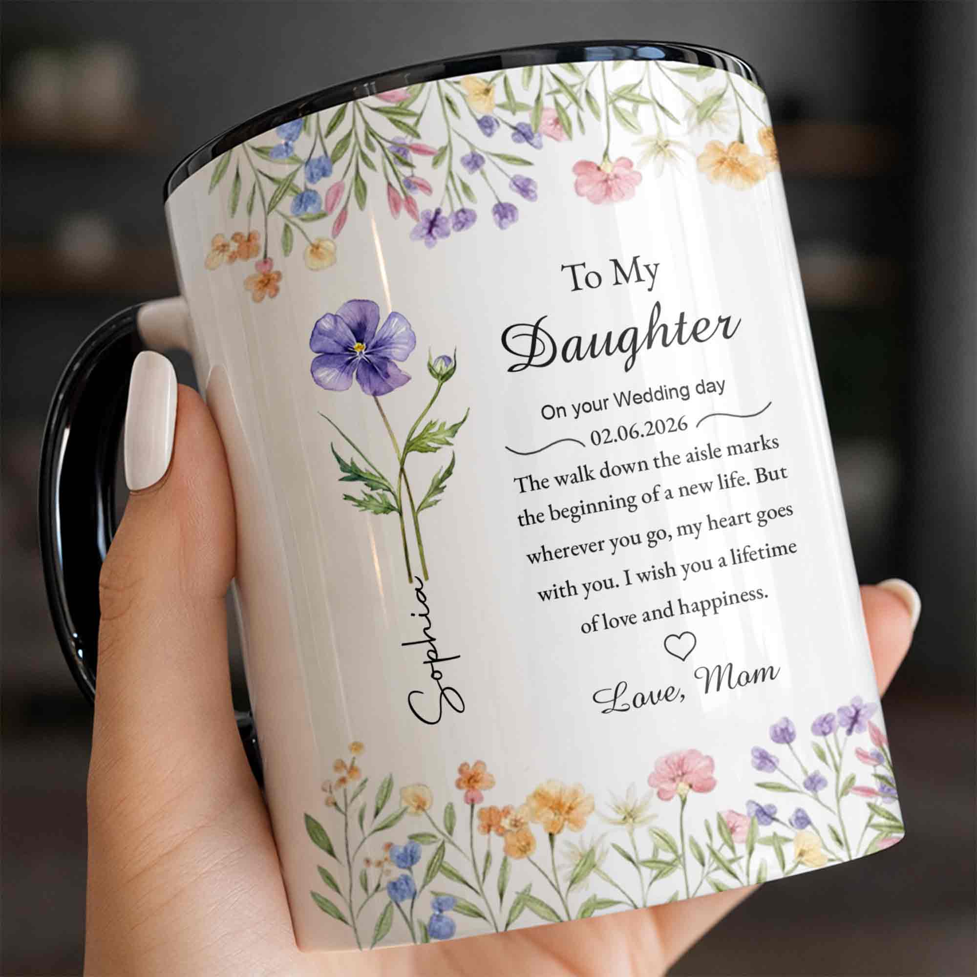 To My Daughter On Your Wedding Day Purple Flower Heart Design - Personalized Custom Accent Mug - DAU322_AMUG - Image 2