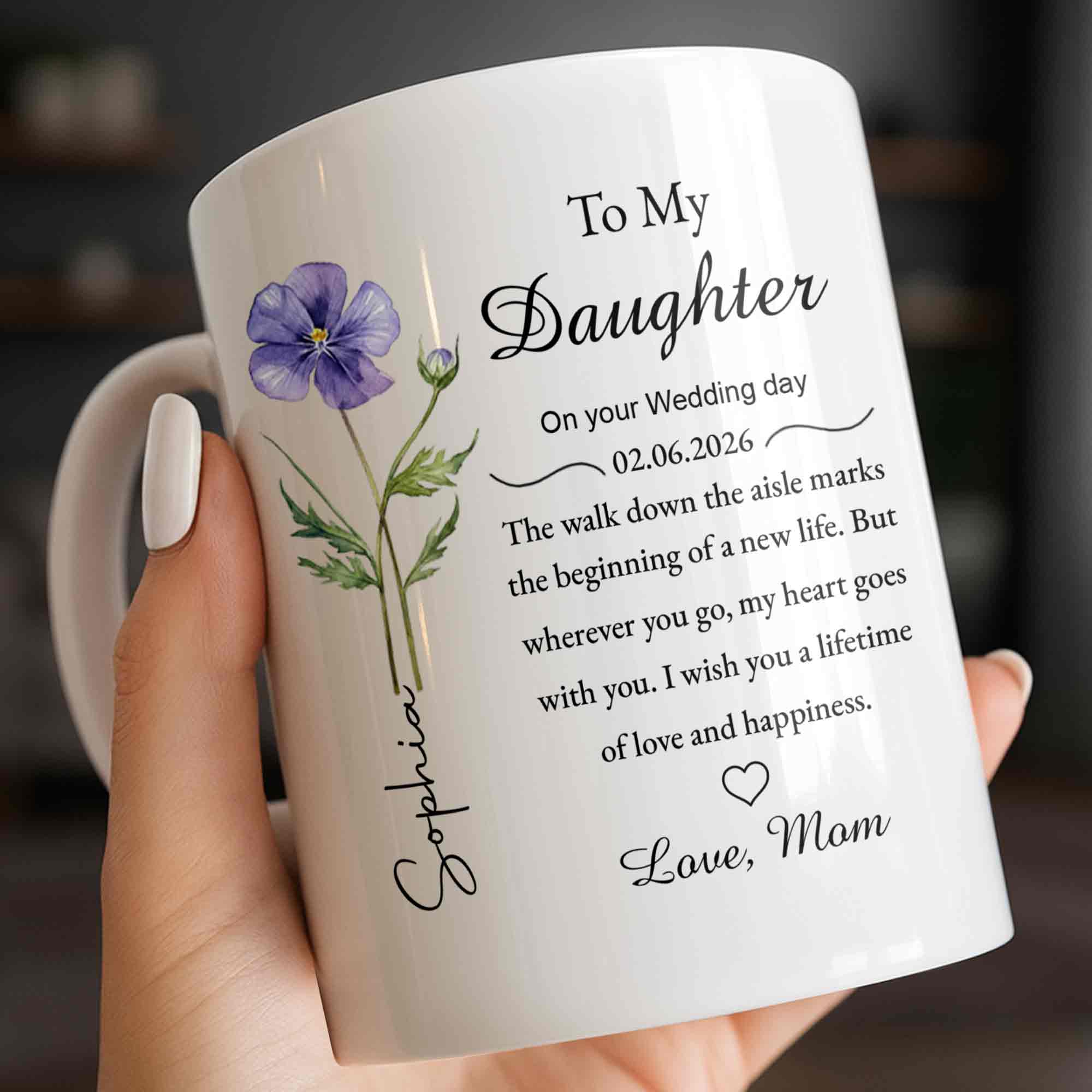 To My Daughter On Your Wedding Day Purple Flower Heart Design - Personalized Custom Coffee Mug - DAU322_MG - Image 2
