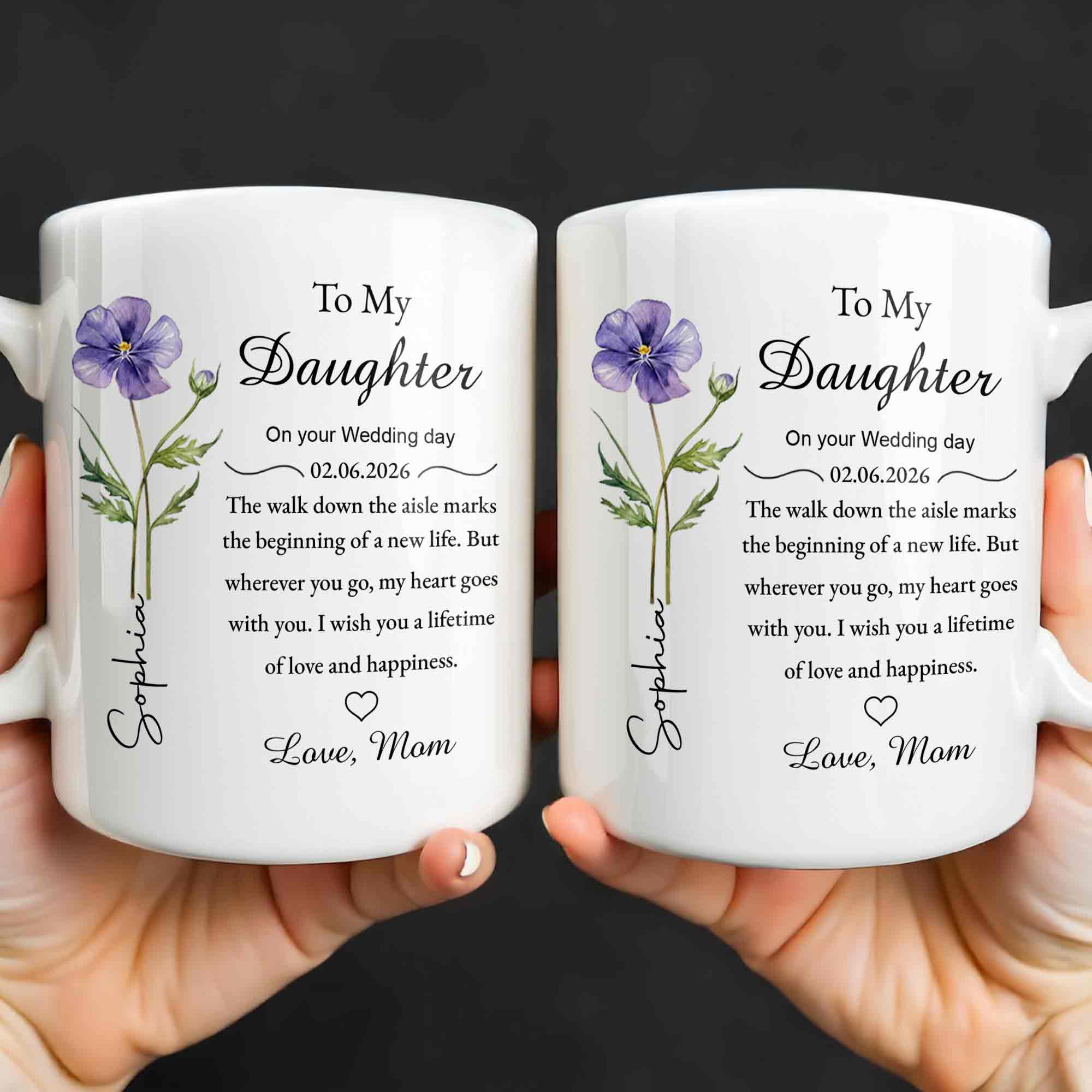 To My Daughter On Your Wedding Day Purple Flower Heart Design - Personalized Custom Coffee Mug - DAU322_MG - Image 3