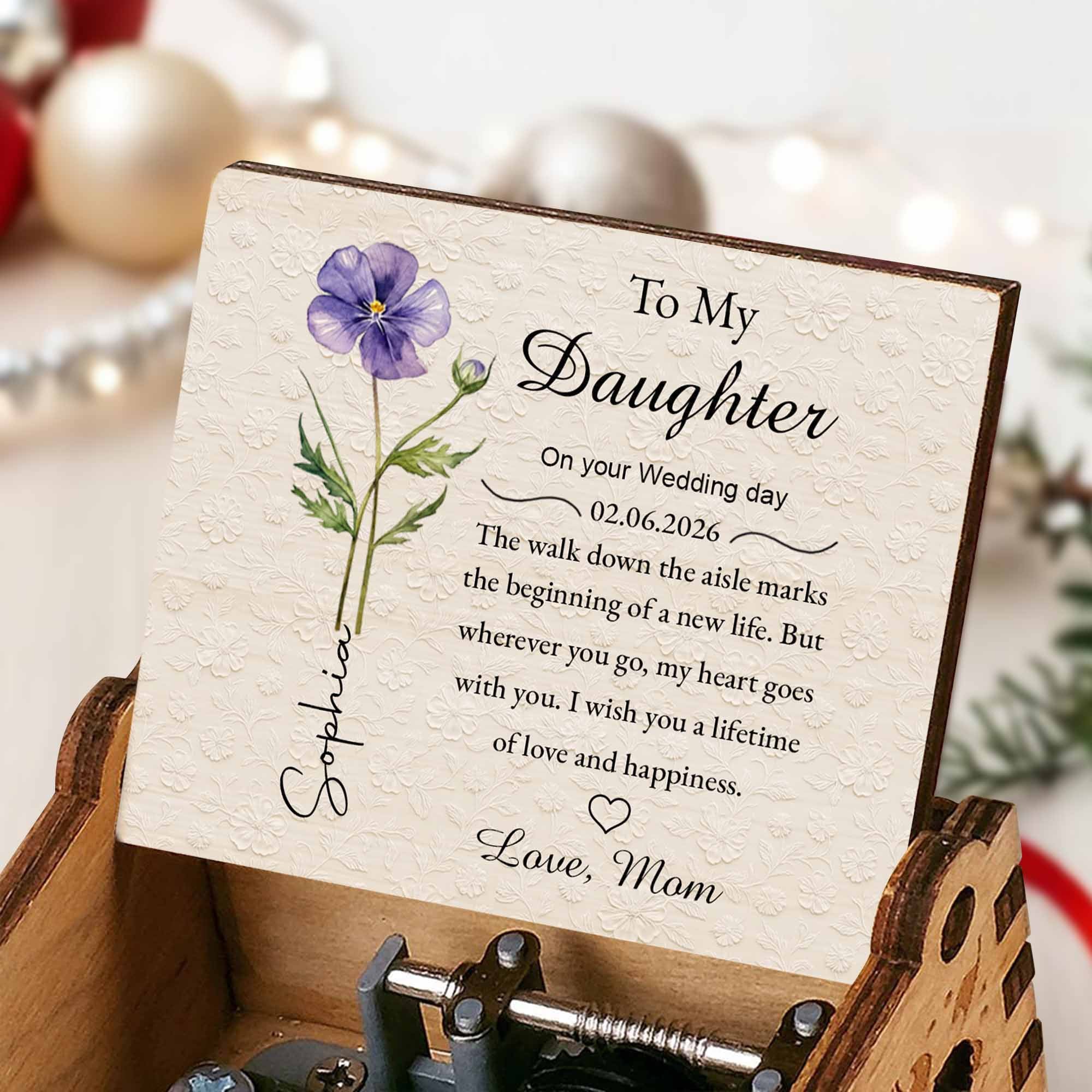 To My Daughter On Your Wedding Day Purple Flower Wood Grain Heart - Custom Music Box With "You Are My Sunshine" Tune - DAU322_MZB
