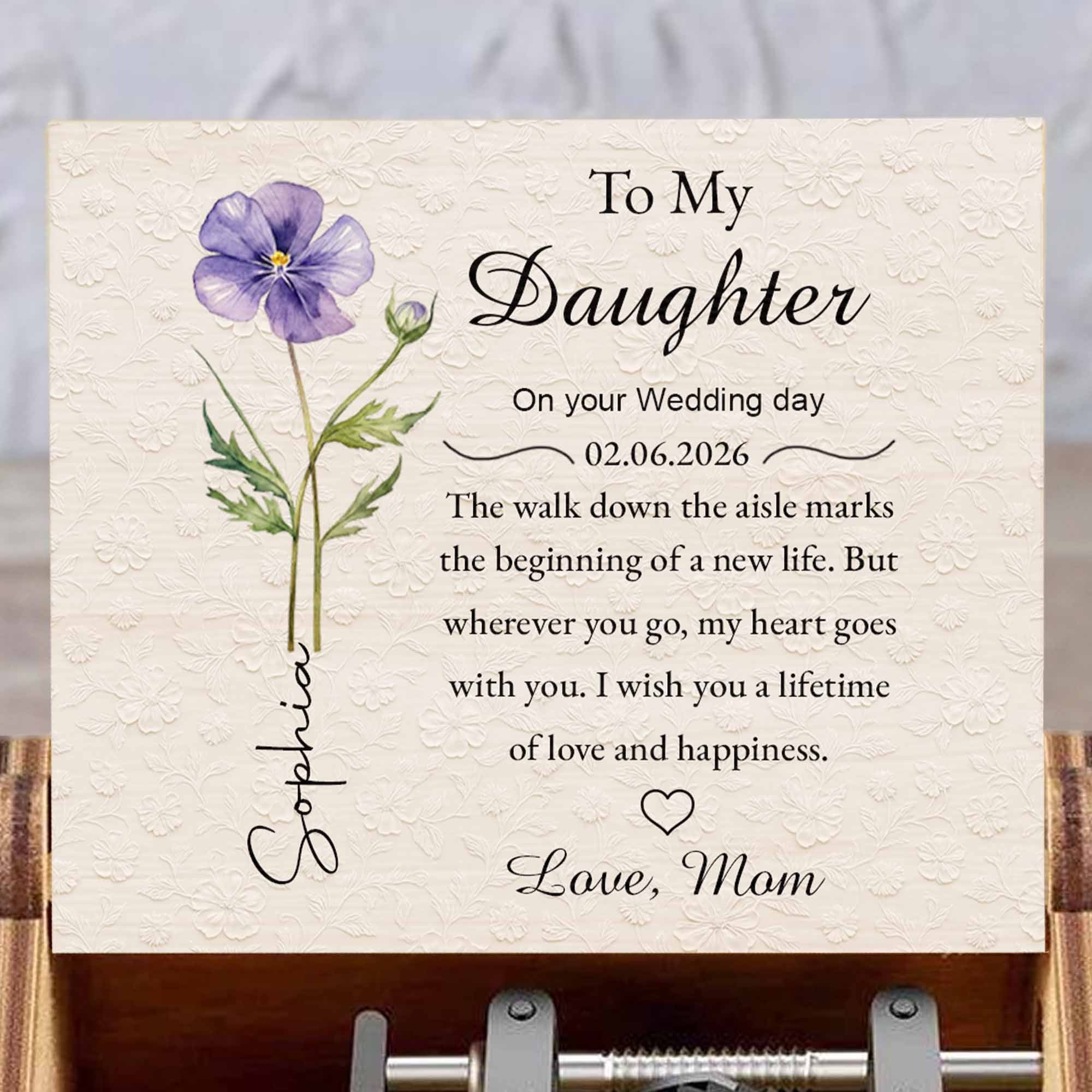 To My Daughter On Your Wedding Day Purple Flower Wood Grain Heart - Custom Music Box With "You Are My Sunshine" Tune - DAU322_MZB - Image 2