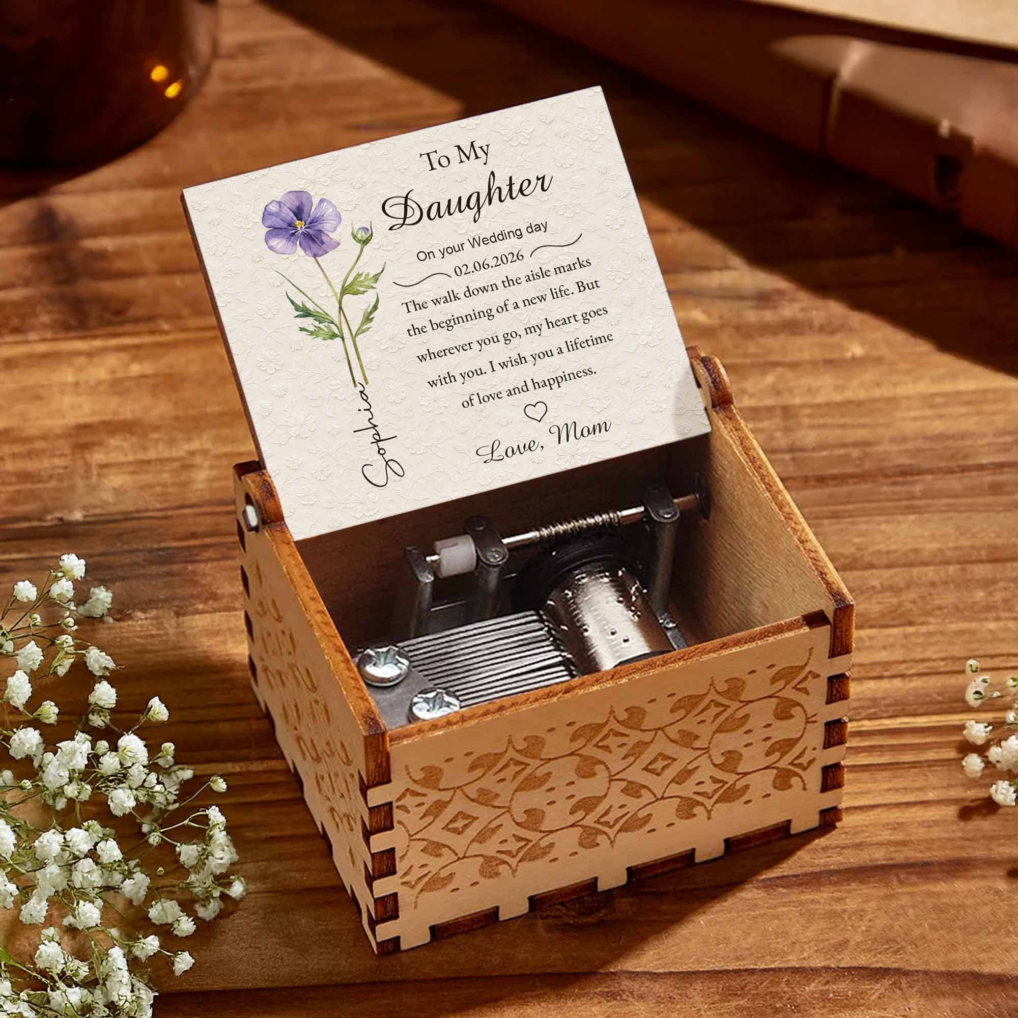 To My Daughter On Your Wedding Day Purple Flower Wood Grain Heart - Custom Music Box With "You Are My Sunshine" Tune - DAU322_MZB - Image 3