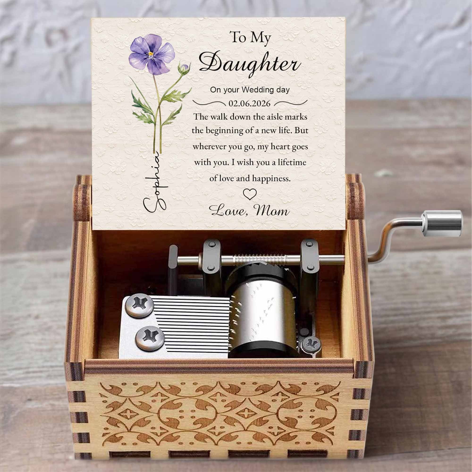 To My Daughter On Your Wedding Day Purple Flower Wood Grain Heart - Custom Music Box With "You Are My Sunshine" Tune - DAU322_MZB - Image 4