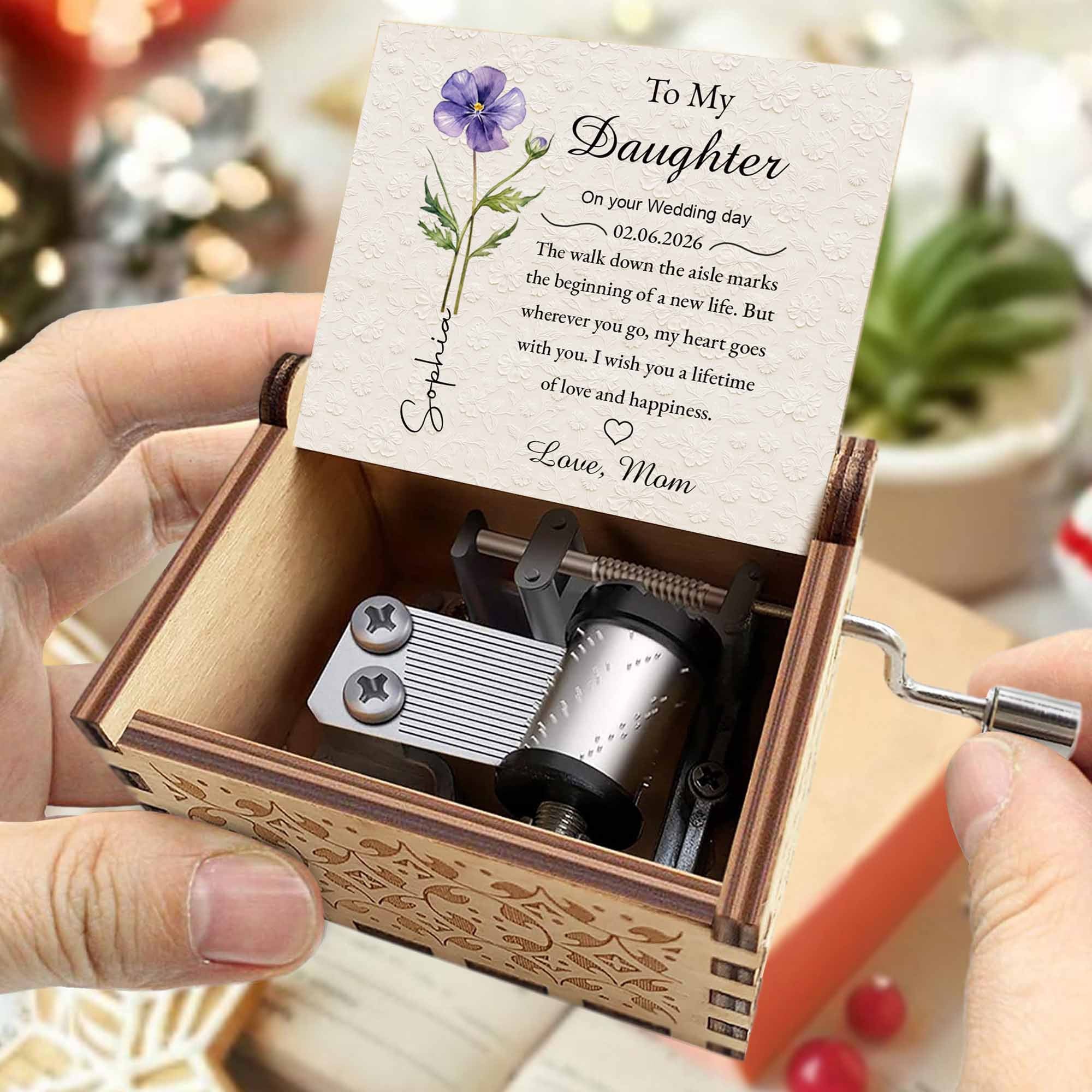 To My Daughter On Your Wedding Day Purple Flower Wood Grain Heart - Custom Music Box With "You Are My Sunshine" Tune - DAU322_MZB - Image 5