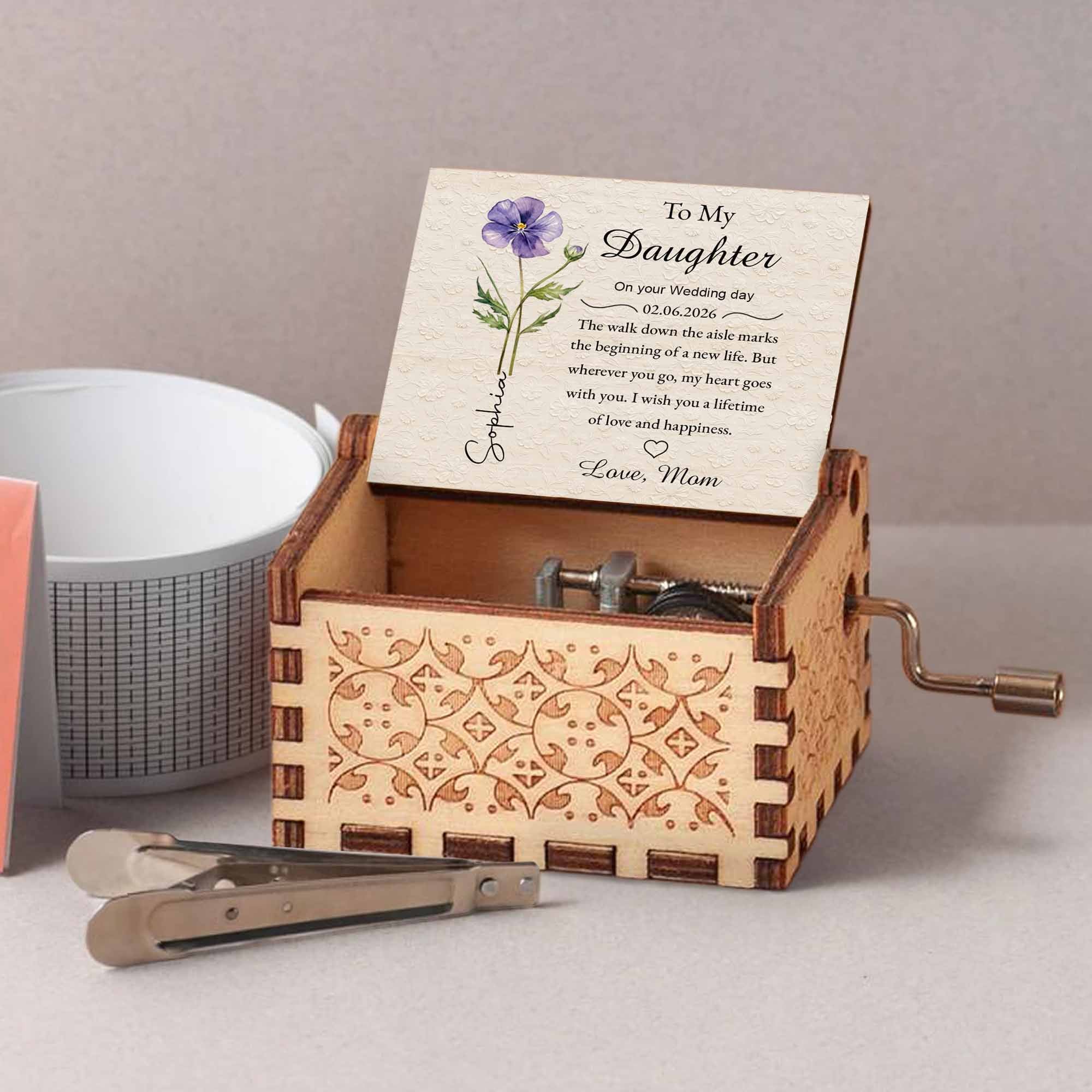 To My Daughter On Your Wedding Day Purple Flower Wood Grain Heart - Custom Music Box With "You Are My Sunshine" Tune - DAU322_MZB - Image 7