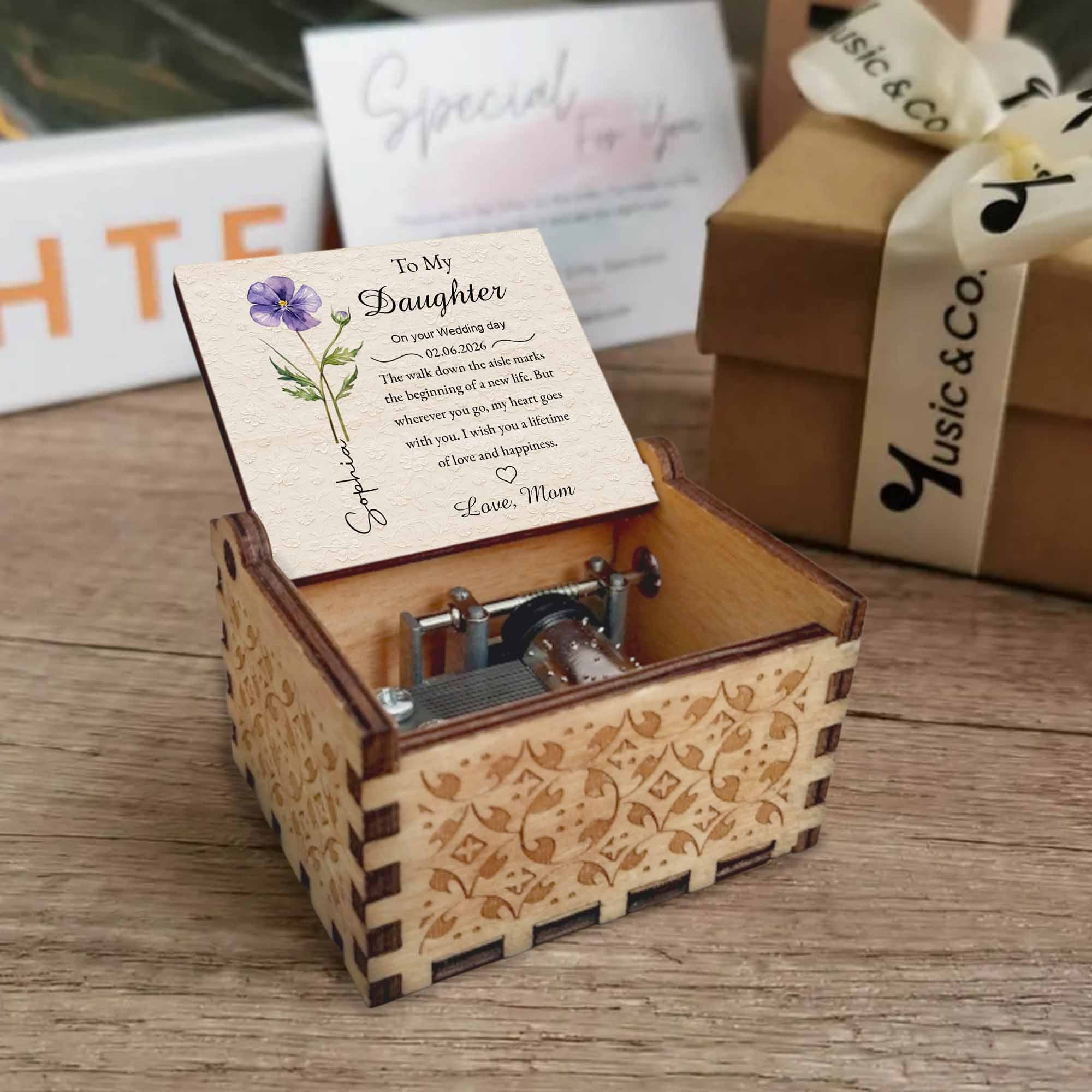 To My Daughter On Your Wedding Day Purple Flower Wood Grain Heart - Custom Music Box With "You Are My Sunshine" Tune - DAU322_MZB - Image 9