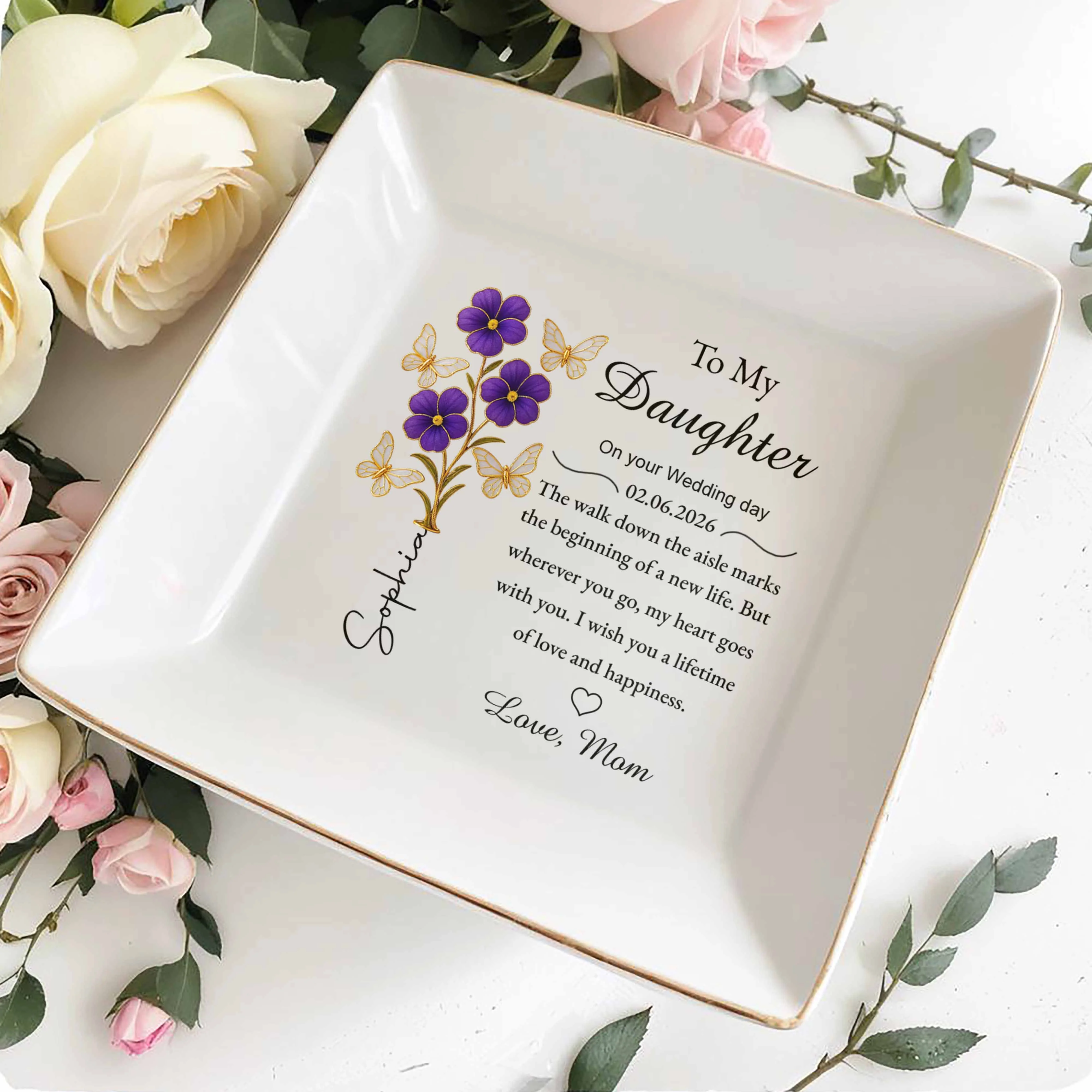 To My Daughter On Your Wedding Day Purple Flowers And Butterflies - Personalized Custom Jewelry Dish, Square Ceramic Dish - DAU360_SCRD - Image 4