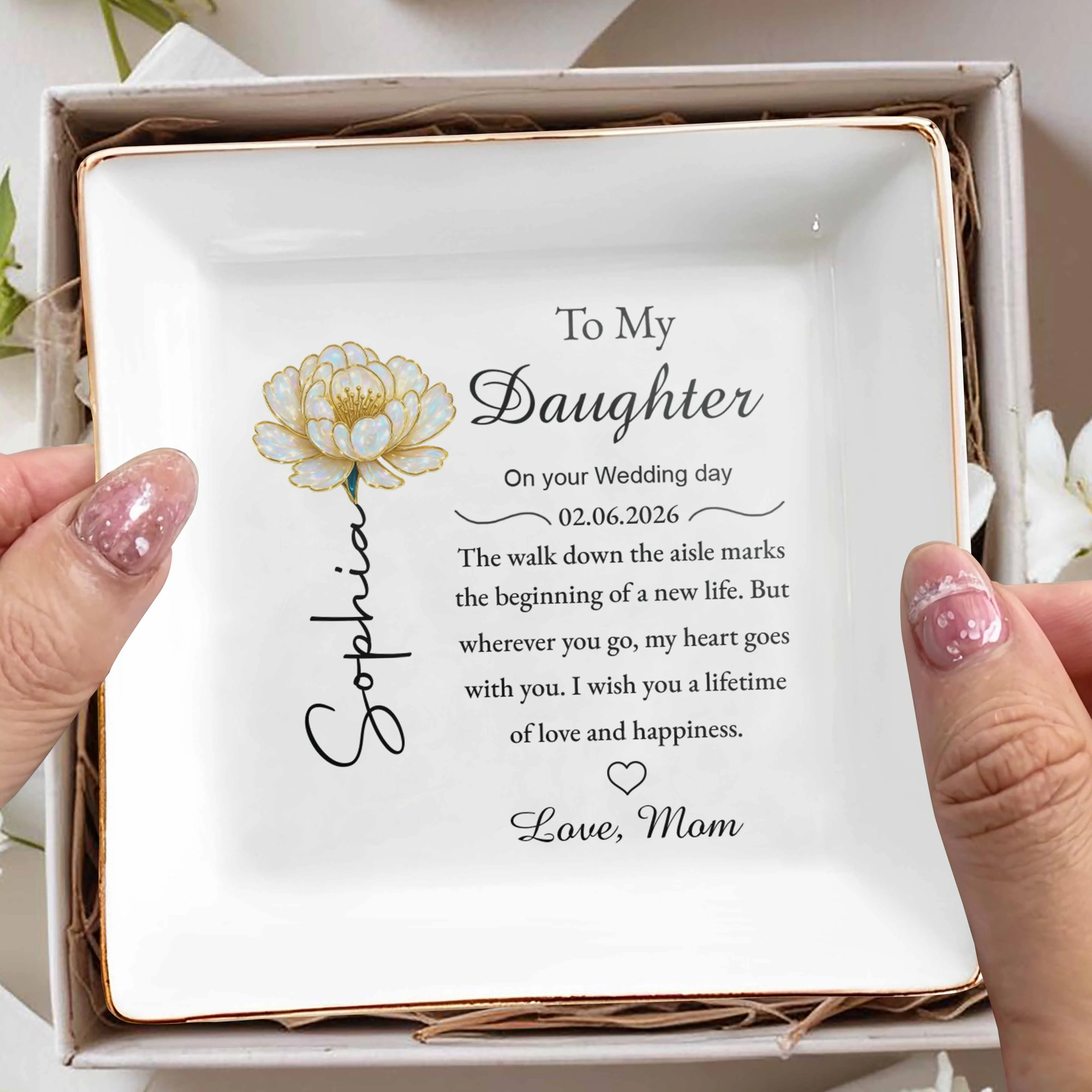 To My Daughter On Your Wedding Day With Flower And Heart - Personalized Custom Jewelry Dish, Square Ceramic Dish - DAU350_SCRD - Image 7
