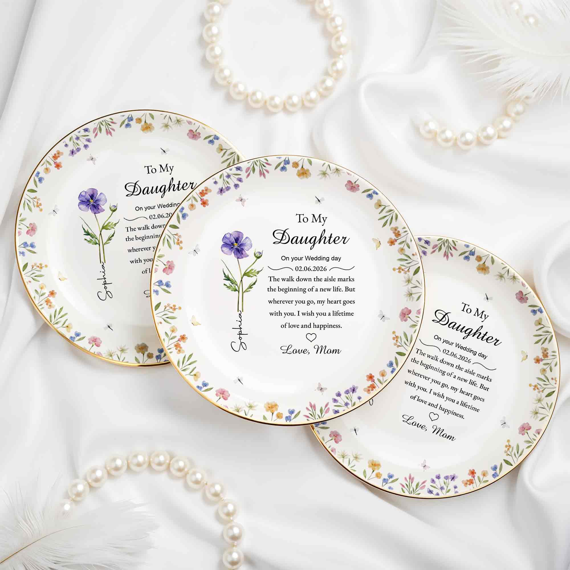 To My Daughter On Your Wedding Day With Purple Flower And Wildflowers - Personalized Custom Jewelry Dish, Ceramic Dish, Round Shape - DAU322_RCRF - Image 6