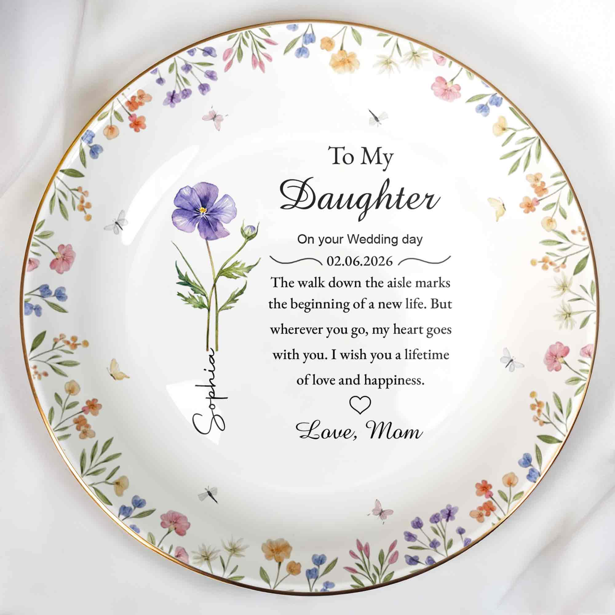 To My Daughter On Your Wedding Day With Purple Flower And Wildflowers - Personalized Custom Jewelry Dish, Ceramic Dish, Round Shape - DAU322_RCRF - Image 7