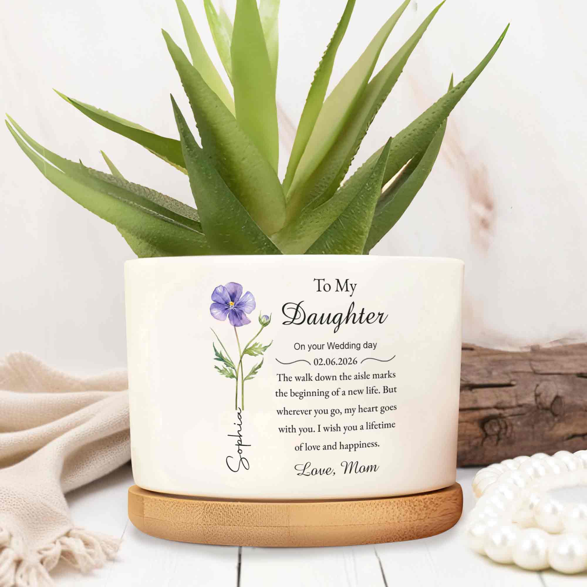 To My Daughter On Your Wedding Day With Purple Flower - Personalized Ceramic Plant Pot - DAU322_CEP - Image 6