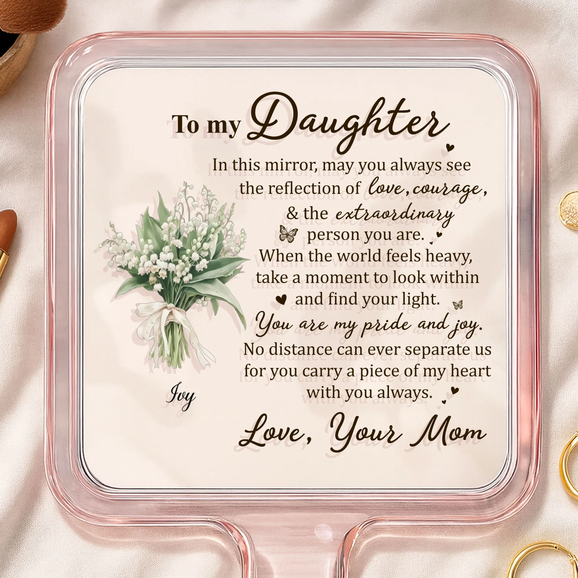 To My Daughter Reflection Of Love Courage And Flowers - Personalized Handheld Mirror - DAU319_HMIR - Image 3