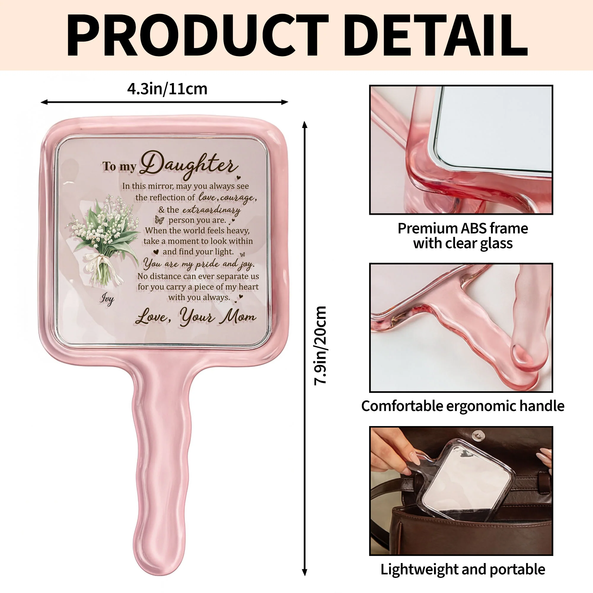 To My Daughter Reflection Of Love Courage And Flowers - Personalized Handheld Mirror - DAU319_HMIR - Image 8