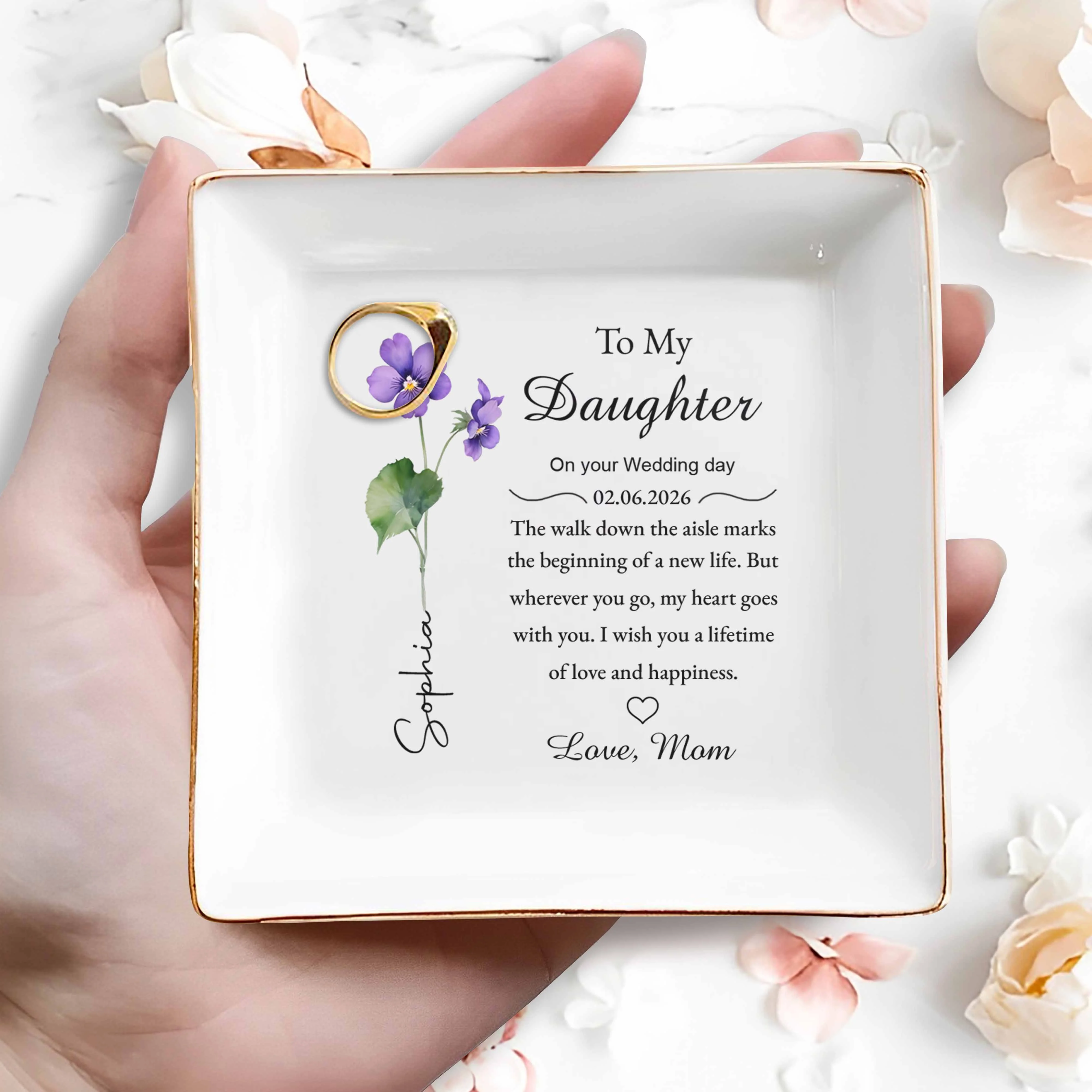 To My Daughter Wedding Day Gift Purple Flower Jewelry Dish - Personalized Custom Jewelry Dish, Square Ceramic Dish - DAU349_SCRD - Image 2