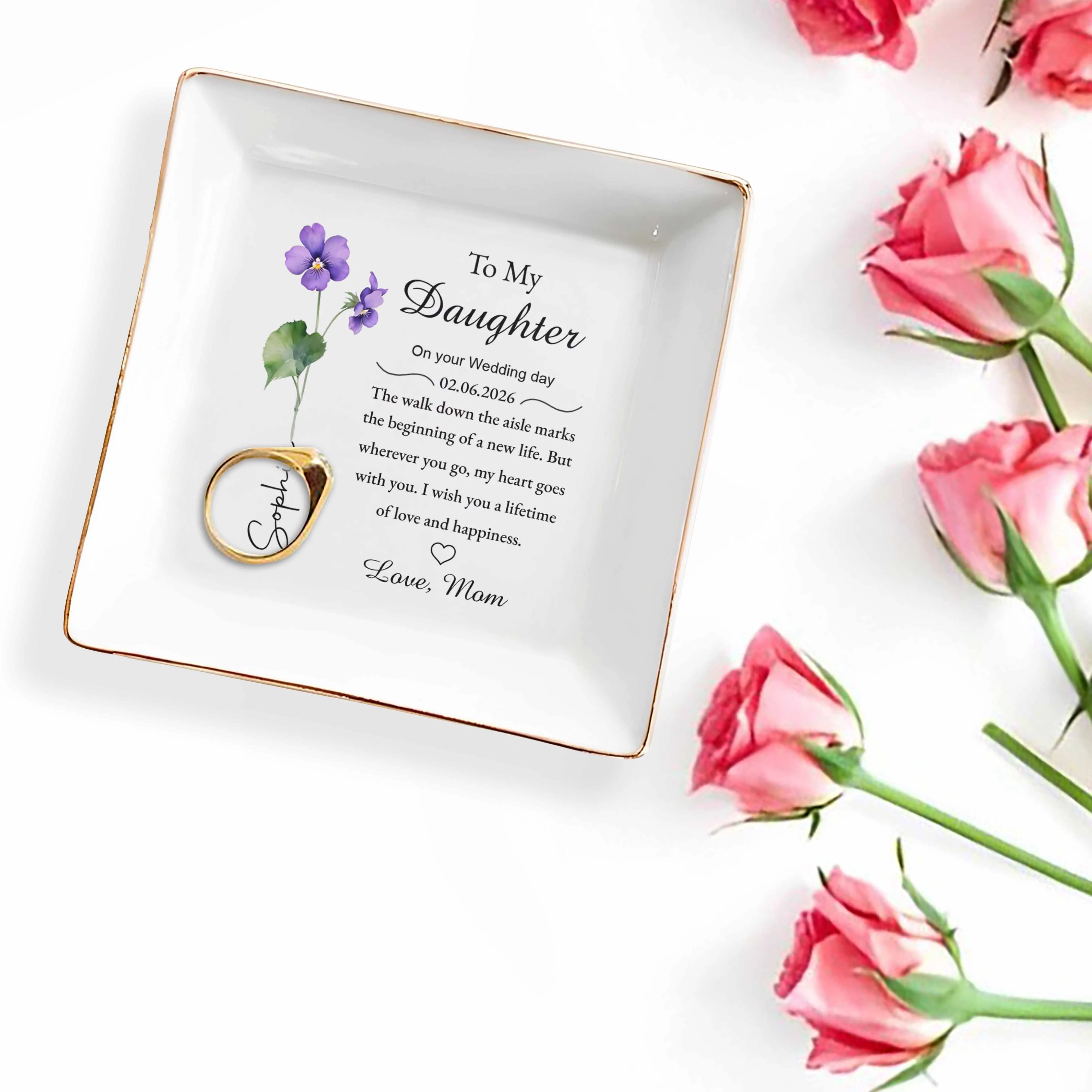 To My Daughter Wedding Day Gift Purple Flower Jewelry Dish - Personalized Custom Jewelry Dish, Square Ceramic Dish - DAU349_SCRD - Image 3
