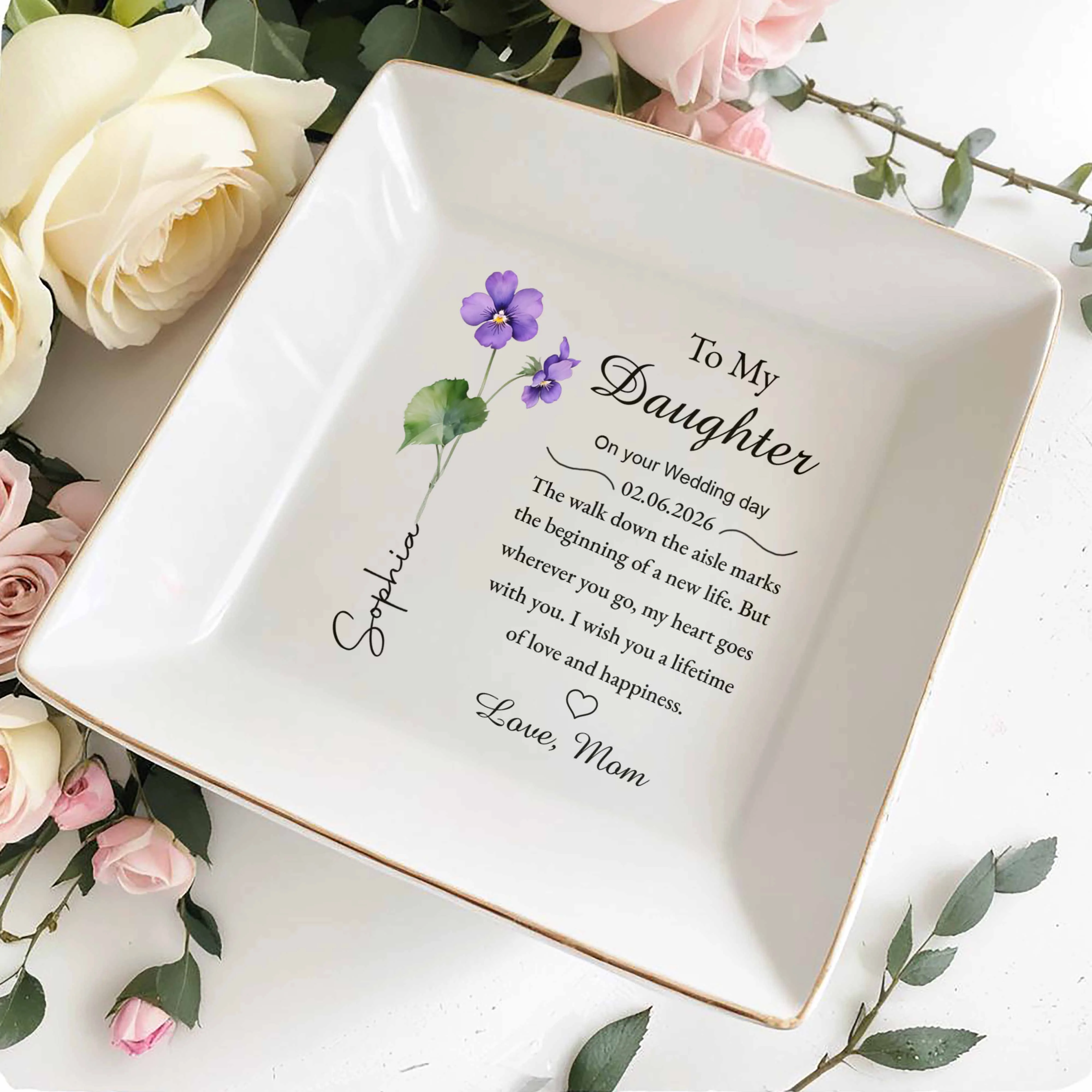 To My Daughter Wedding Day Gift Purple Flower Jewelry Dish - Personalized Custom Jewelry Dish, Square Ceramic Dish - DAU349_SCRD - Image 4