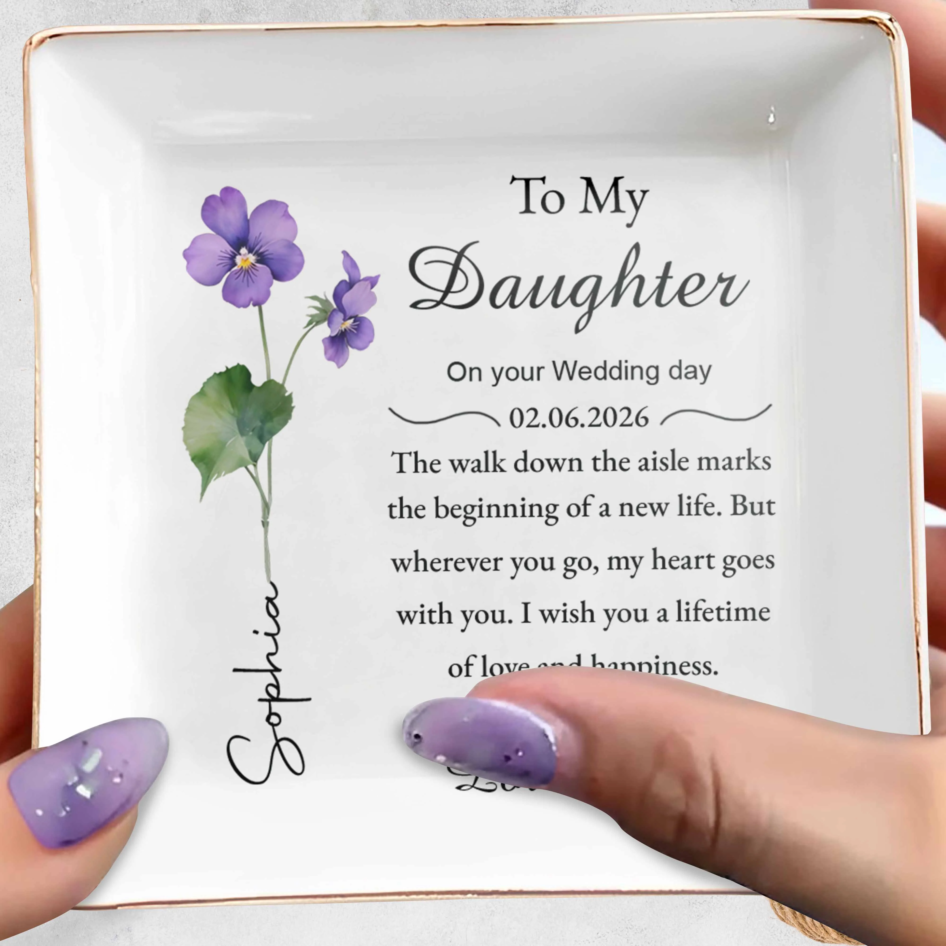 To My Daughter Wedding Day Gift Purple Flower Jewelry Dish - Personalized Custom Jewelry Dish, Square Ceramic Dish - DAU349_SCRD - Image 5