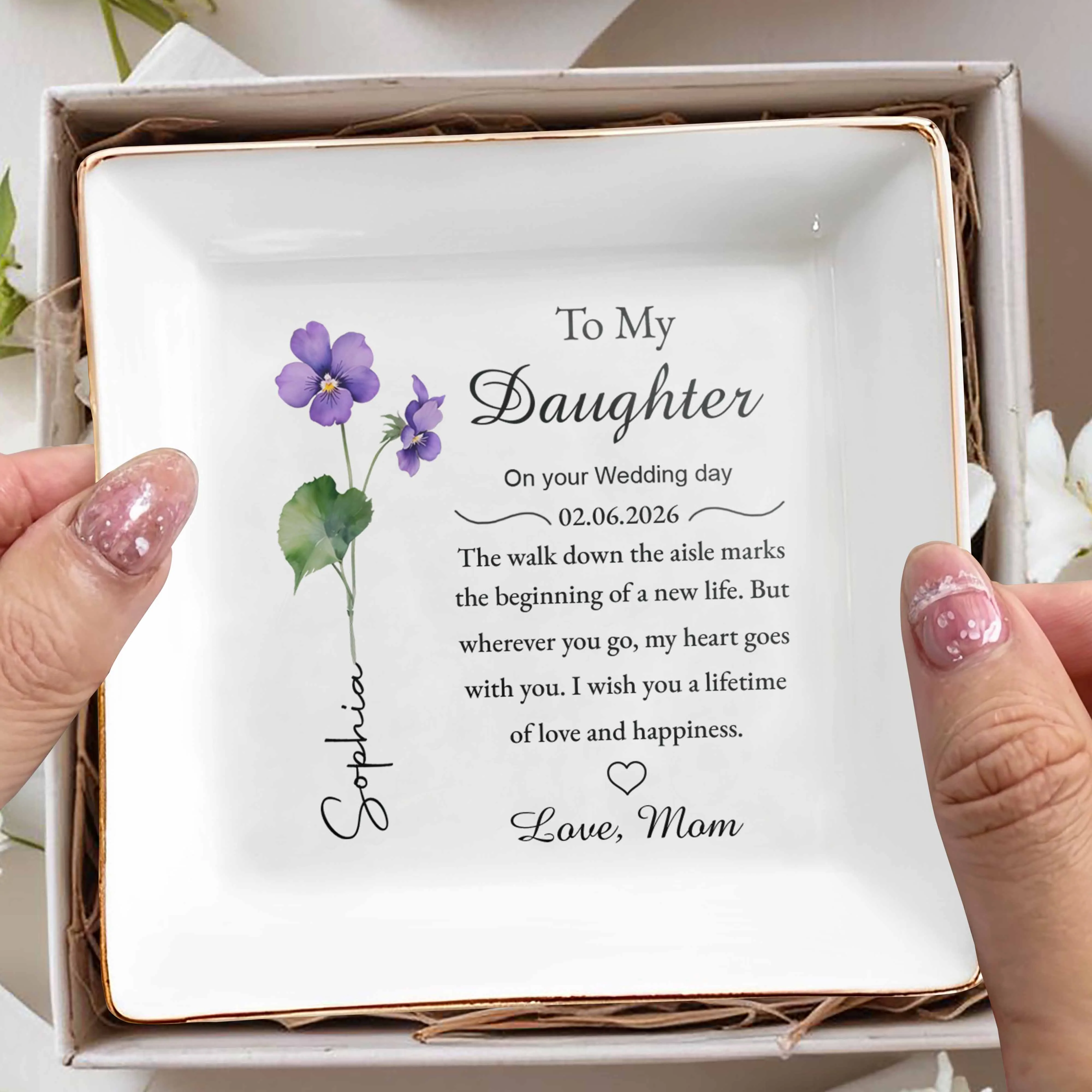 To My Daughter Wedding Day Gift Purple Flower Jewelry Dish - Personalized Custom Jewelry Dish, Square Ceramic Dish - DAU349_SCRD - Image 7