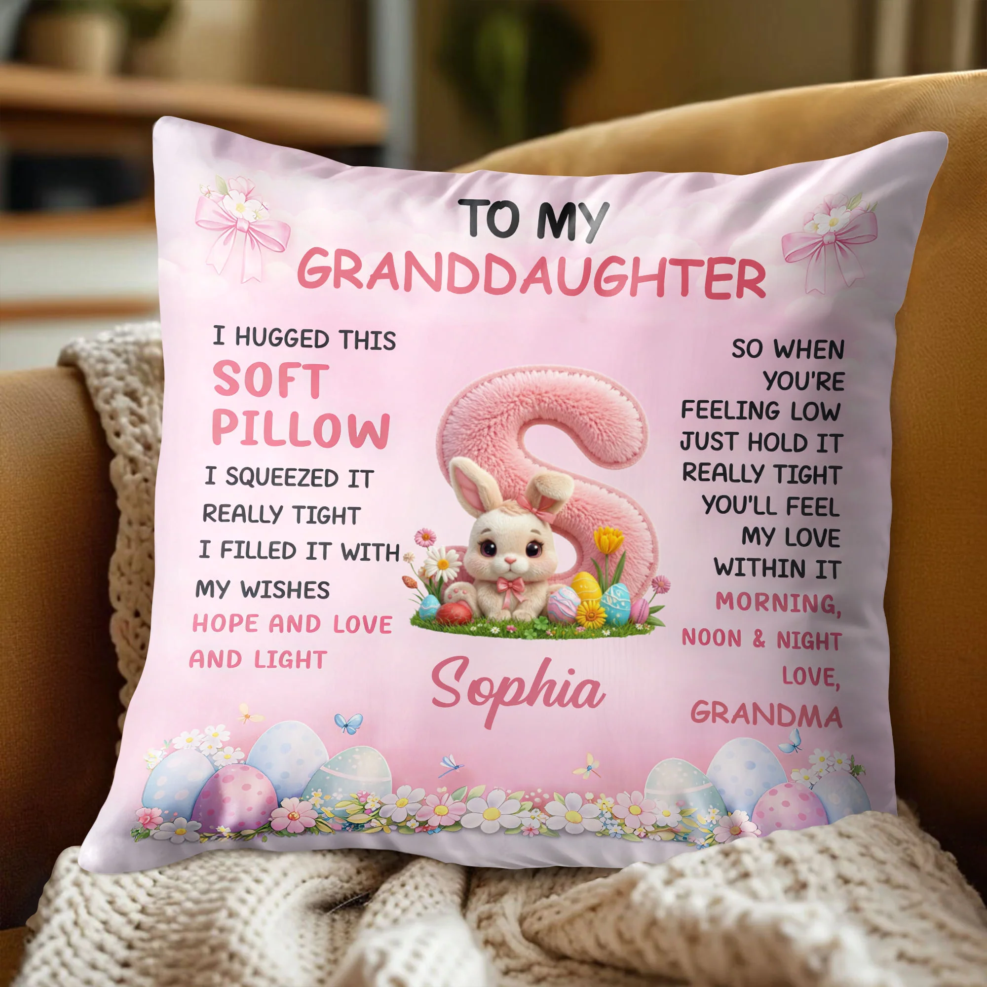 To My Granddaughter Hugged Soft Pillow With Easter Bunny And Eggs - Personalized Custom Pillow, Insert Included - GDT659_PLW - Image 4