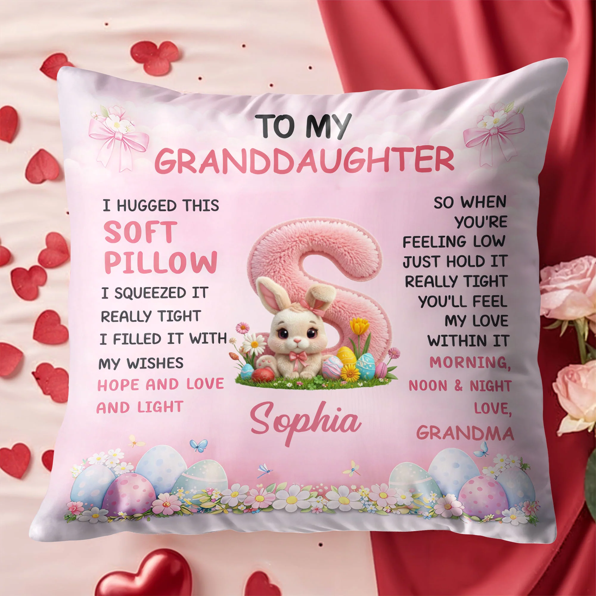 To My Granddaughter Hugged Soft Pillow With Easter Bunny And Eggs - Personalized Custom Pillow, Insert Included - GDT659_PLW - Image 5
