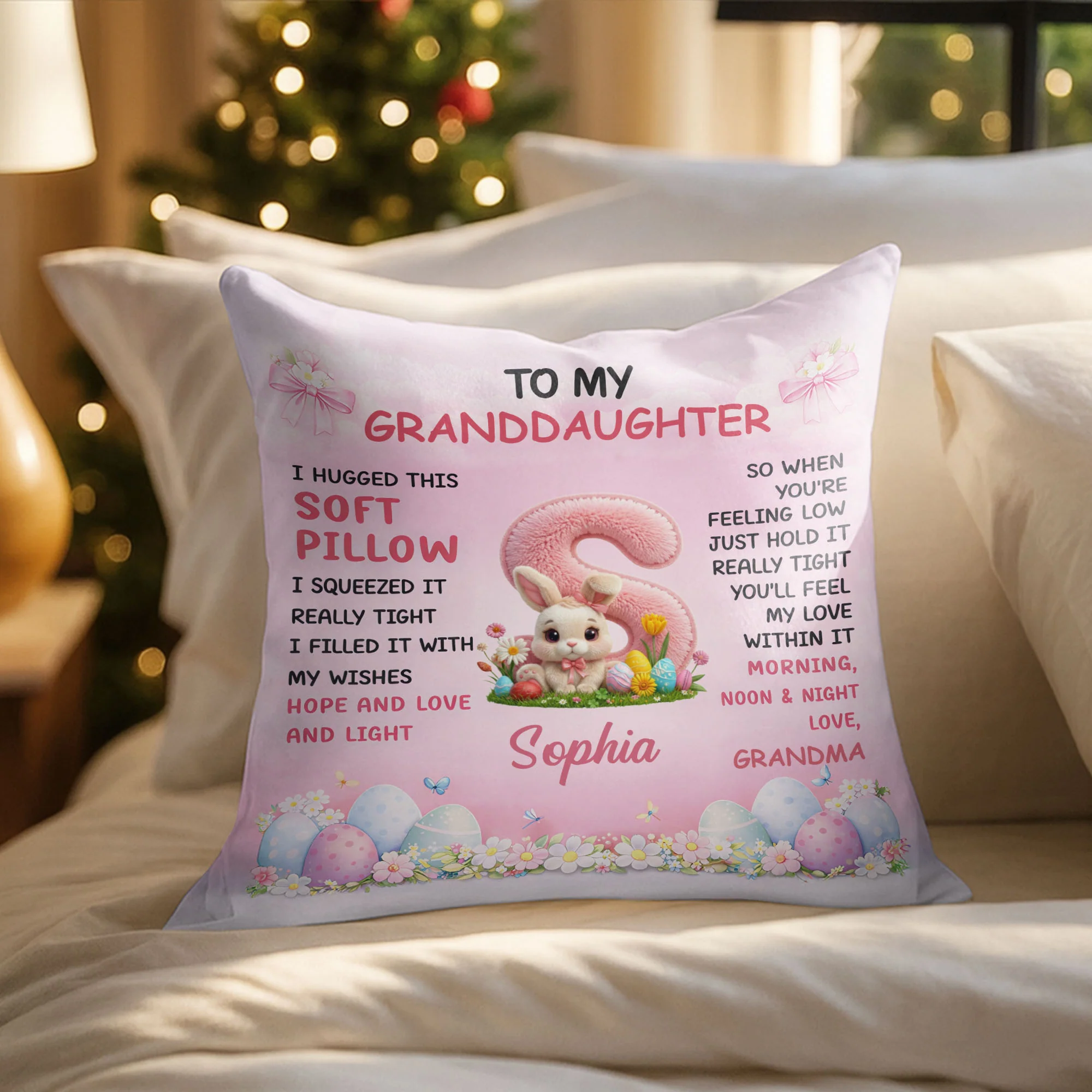 To My Granddaughter Hugged Soft Pillow With Easter Bunny And Eggs - Personalized Custom Pillow, Insert Included - GDT659_PLW - Image 6