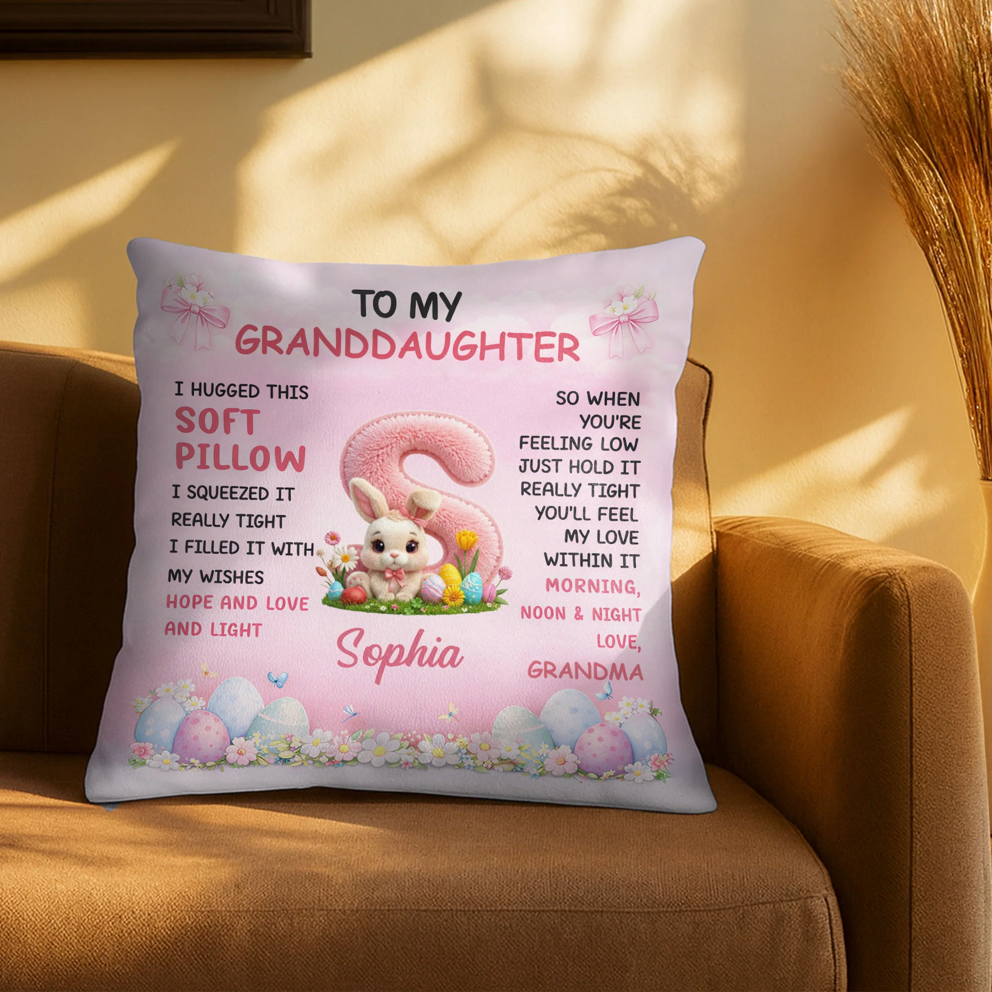 To My Granddaughter Hugged Soft Pillow With Easter Bunny And Eggs - Personalized Custom Pillow, Insert Included - GDT659_PLW - Image 8