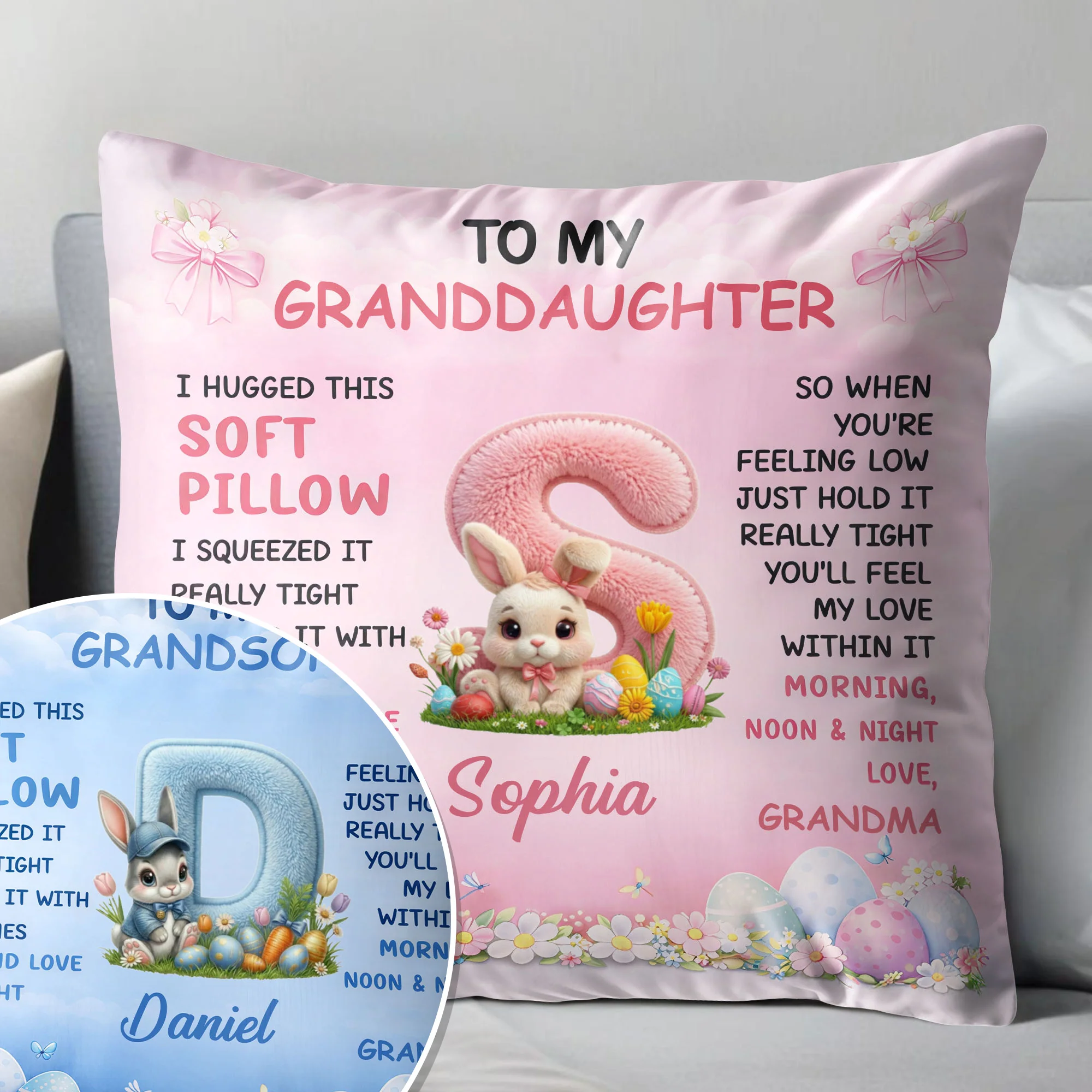 To My Granddaughter Hugged Soft Pillow With Easter Bunny And Eggs - Personalized Custom Pillow, Insert Included - GDT659_PLW - Image 9