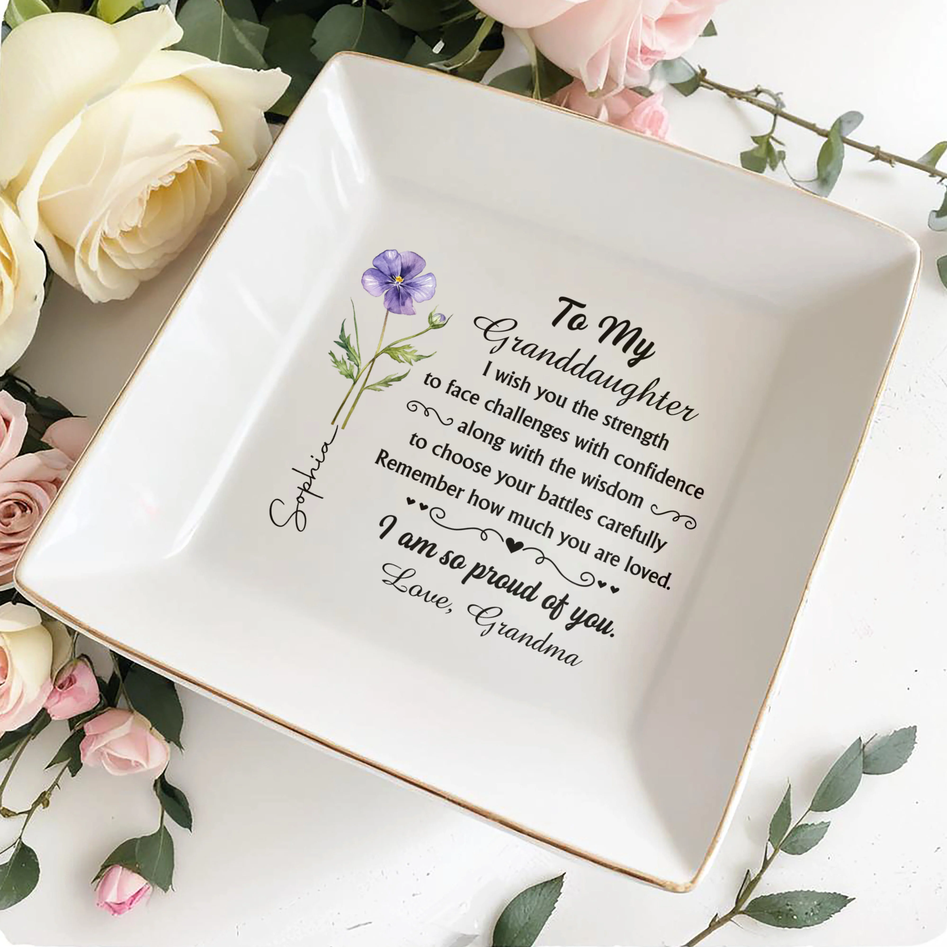 To My Granddaughter I Wish You Strength Purple Flower Design - Personalized Custom Jewelry Dish, Square Ceramic Dish - GDT661_SCRD - Image 4