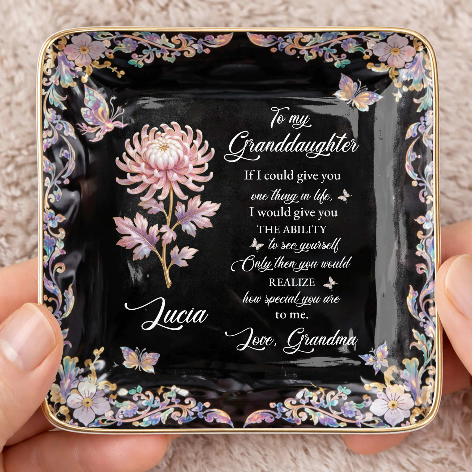 To My Granddaughter If I Could Give You Flower And Butterfly Jewelry Dish - Personalized Custom Jewelry Dish, Ceramic Dish, Square Shape - GDT660_SCRF - Image 2