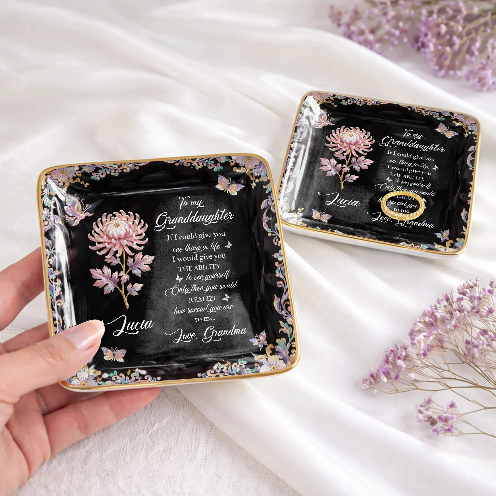 To My Granddaughter If I Could Give You Flower And Butterfly Jewelry Dish - Personalized Custom Jewelry Dish, Ceramic Dish, Square Shape - GDT660_SCRF - Image 4