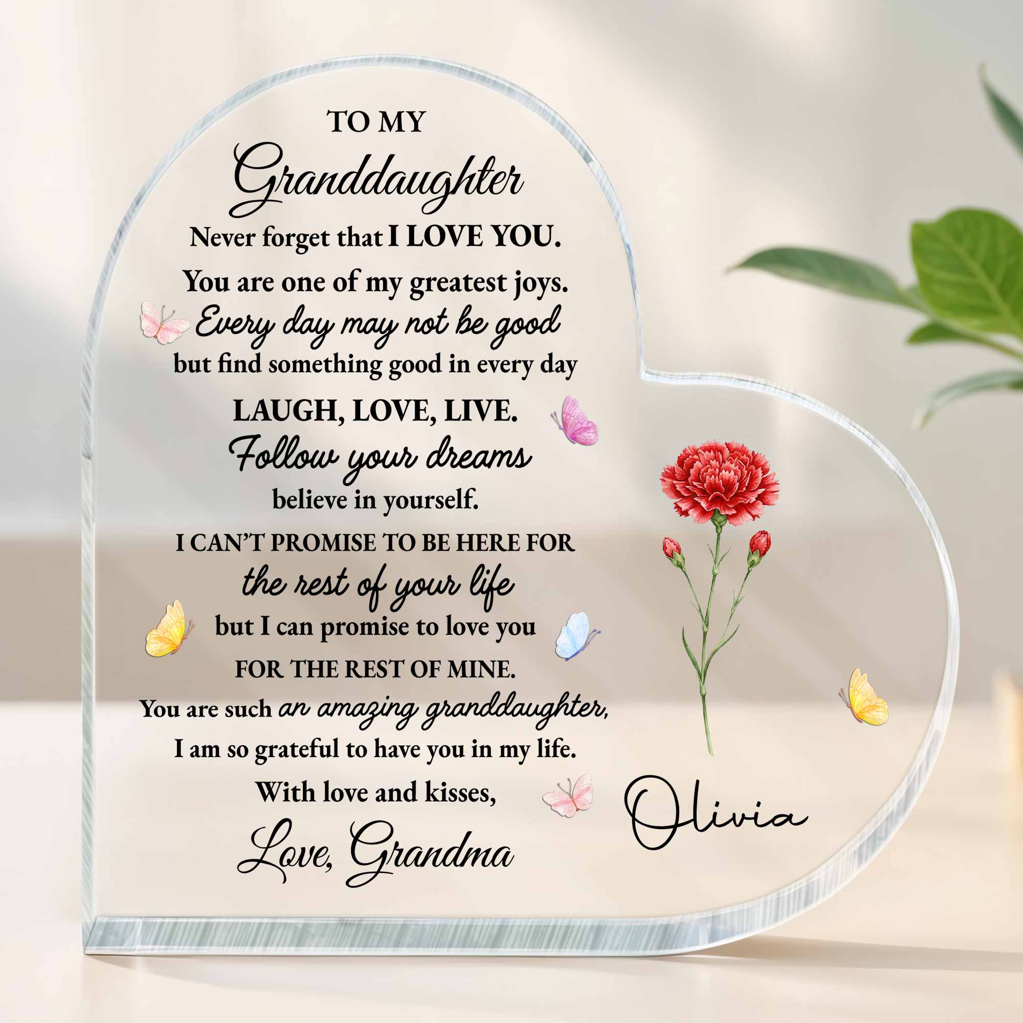 To My Granddaughter Never Forget That I Love You Butterflies Flower - Personalized Heart Shaped Acrylic Plaque - GDT614_HAP - Image 6