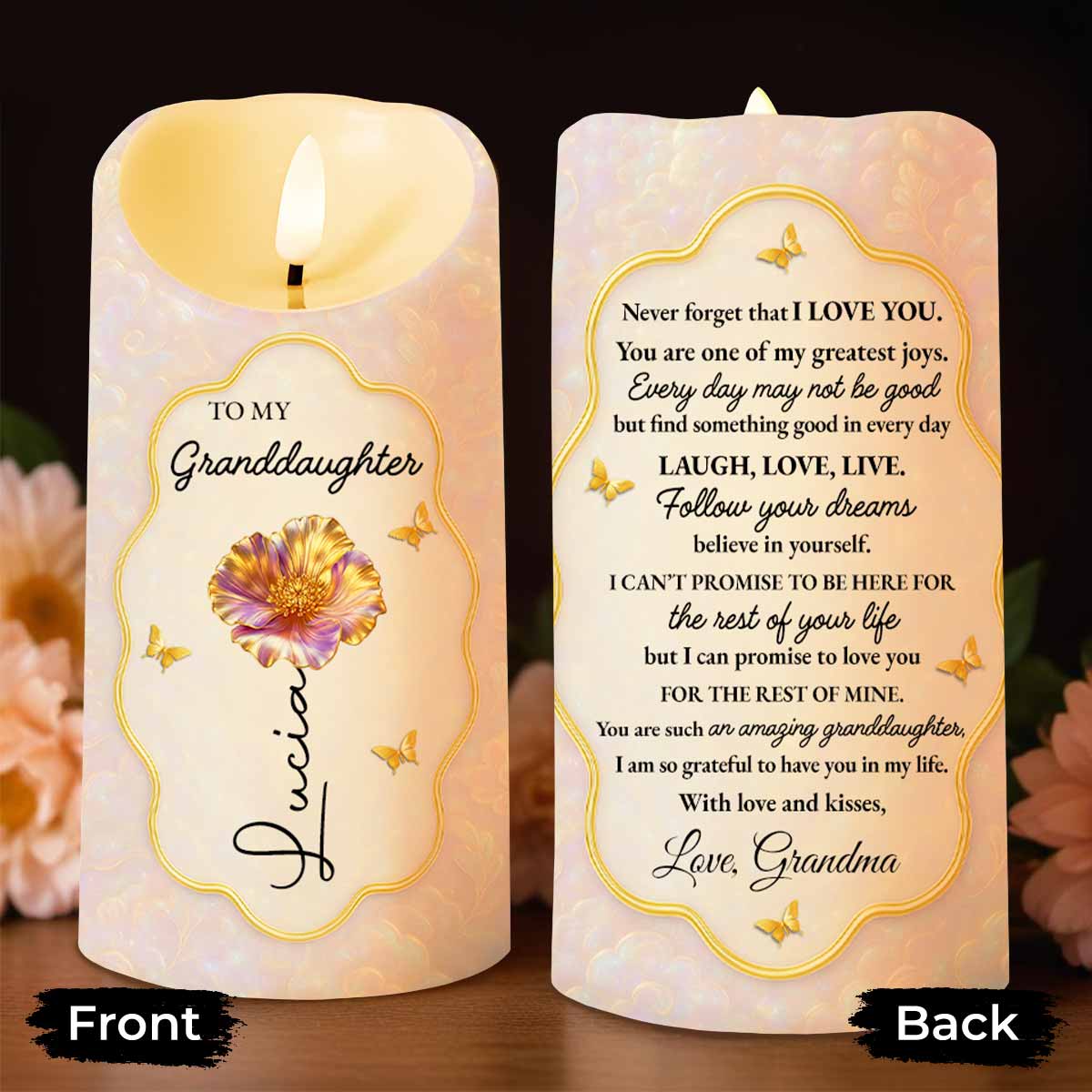 To My Granddaughter Never Forget That I Love You Flower Butterfly - Personalized Custom LED Candle - GDT625_LECA - Image 4