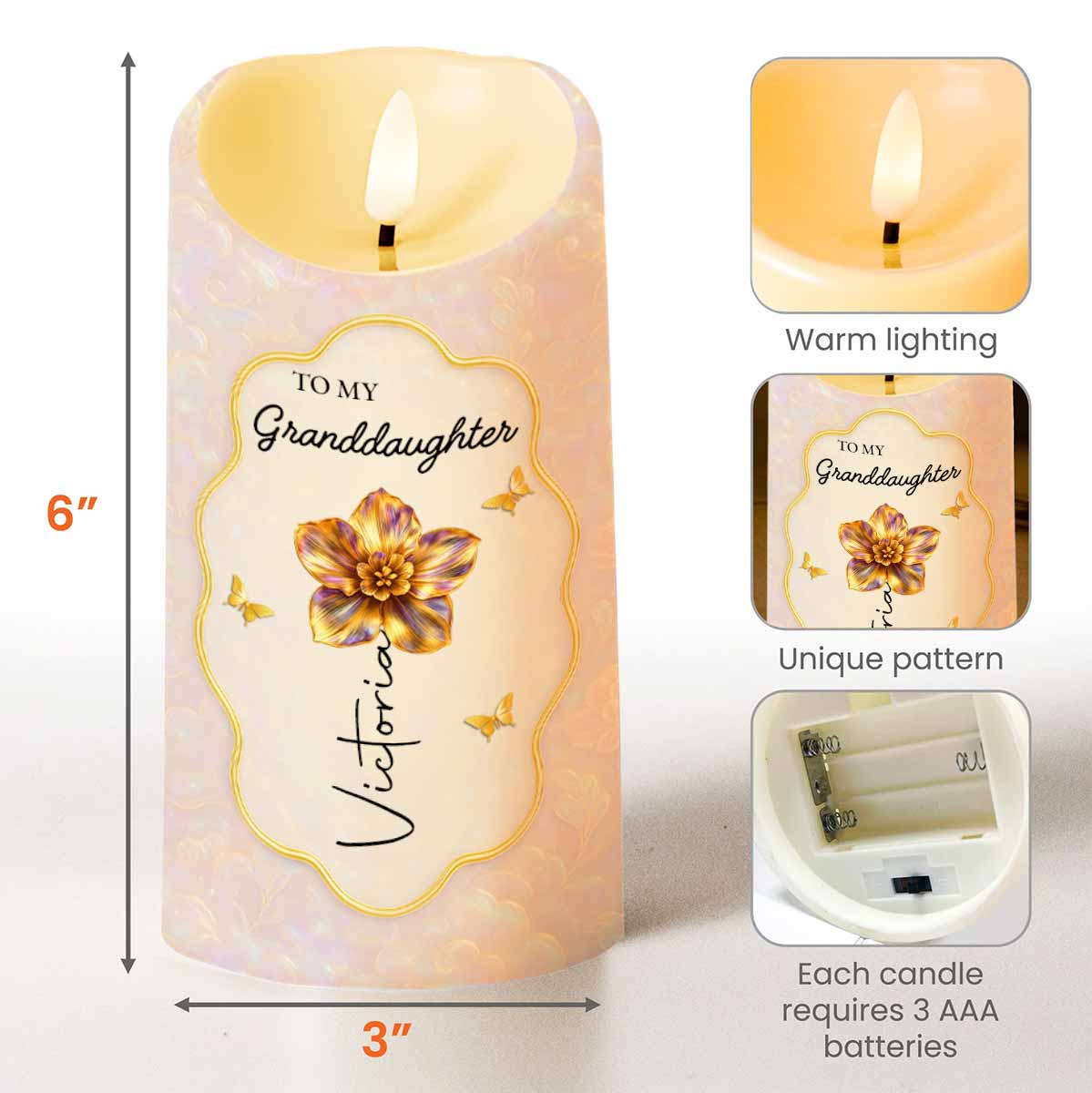 To My Granddaughter Never Forget That I Love You Flower Butterfly - Personalized Custom LED Candle - GDT625_LECA - Image 5