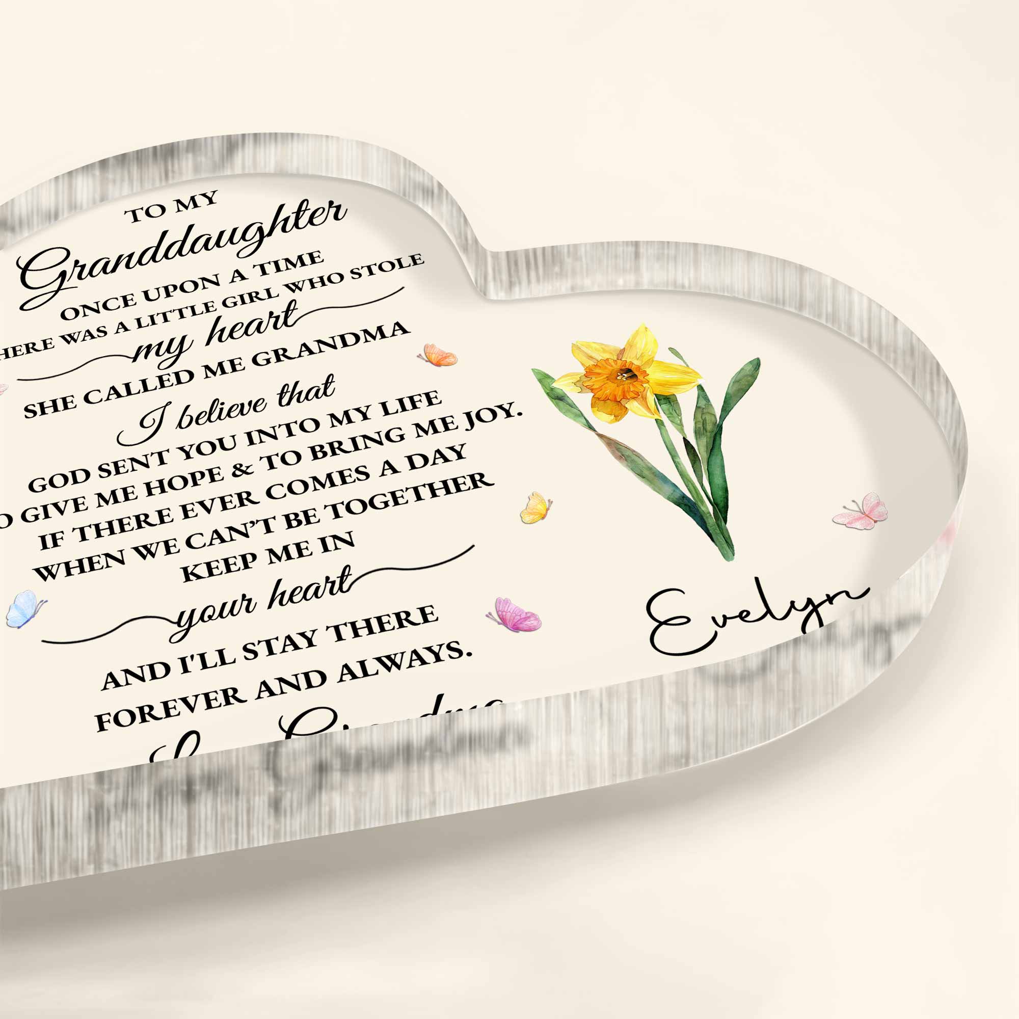 To My Granddaughter Once Upon A Time Flower And Butterfly Heart - Personalized Heart Shaped Acrylic Plaque - GDT613_HAP - Image 4
