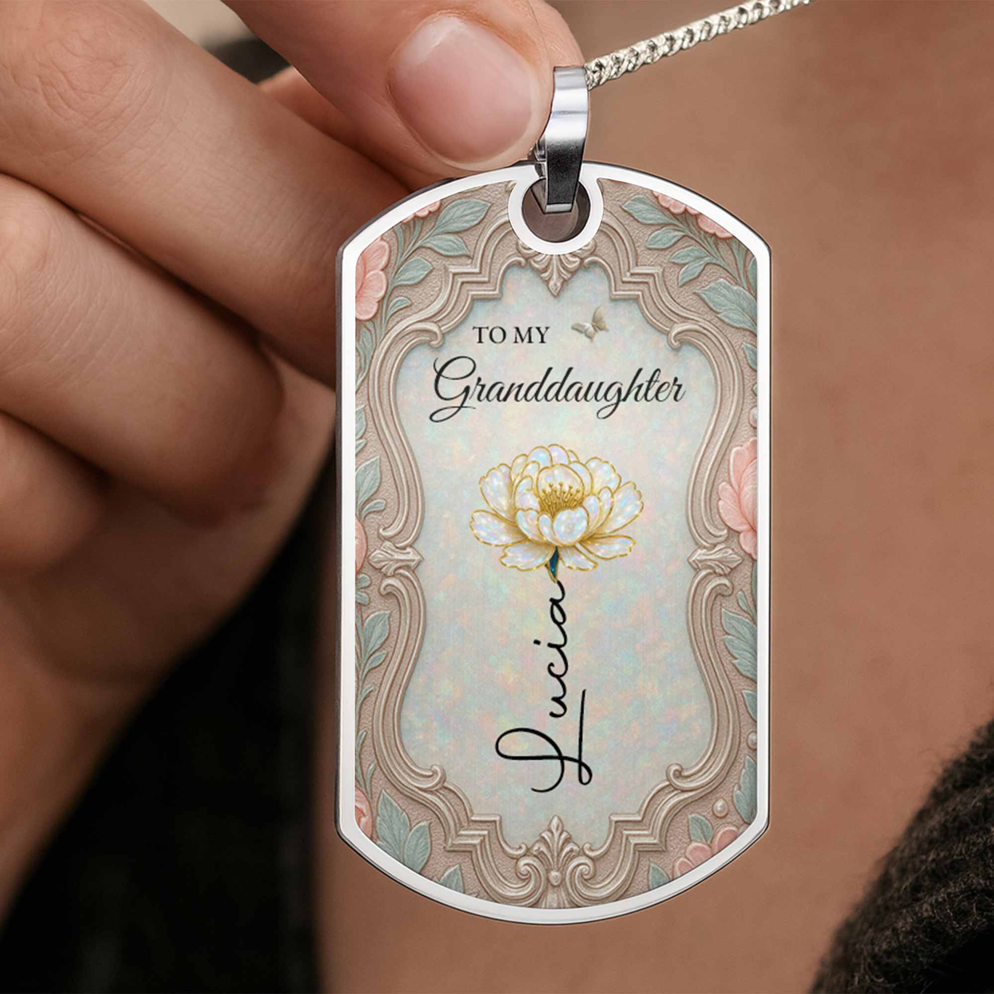 To My Granddaughter Once Upon A Time Flower And Butterfly - Personalized Custom Dog Tag Necklace - GDT557_DTNECK - Image 3