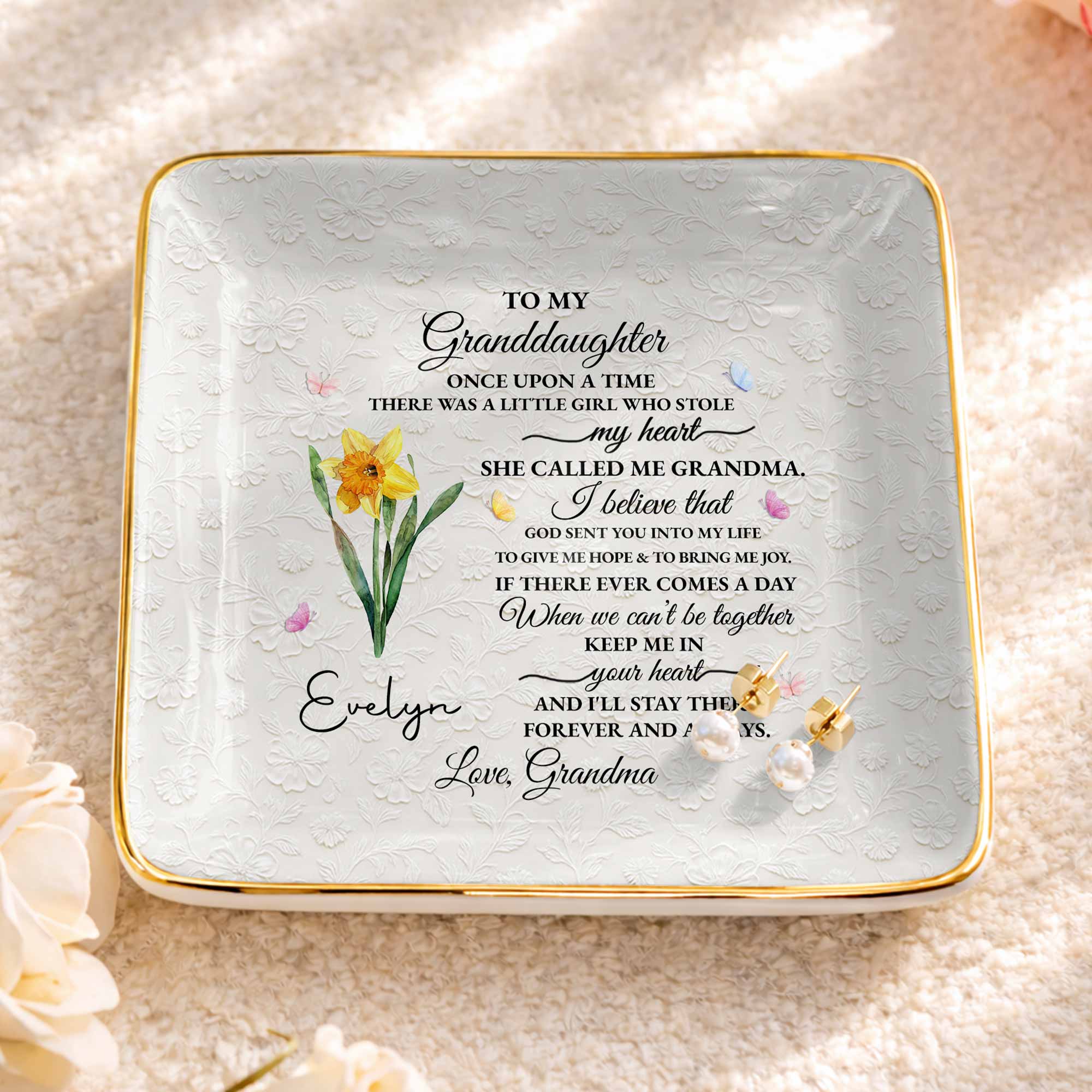 To My Granddaughter Once Upon A Time Flower Butterfly Jewelry Dish - Personalized Custom Jewelry Dish, Ceramic Dish, Square Shape - GDT613_SCRF - Image 3