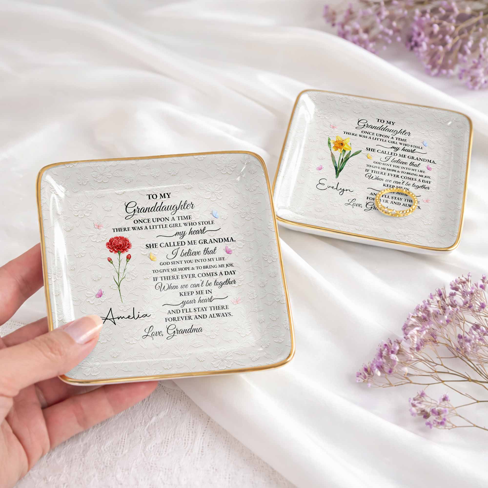To My Granddaughter Once Upon A Time Flower Butterfly Jewelry Dish - Personalized Custom Jewelry Dish, Ceramic Dish, Square Shape - GDT613_SCRF - Image 4
