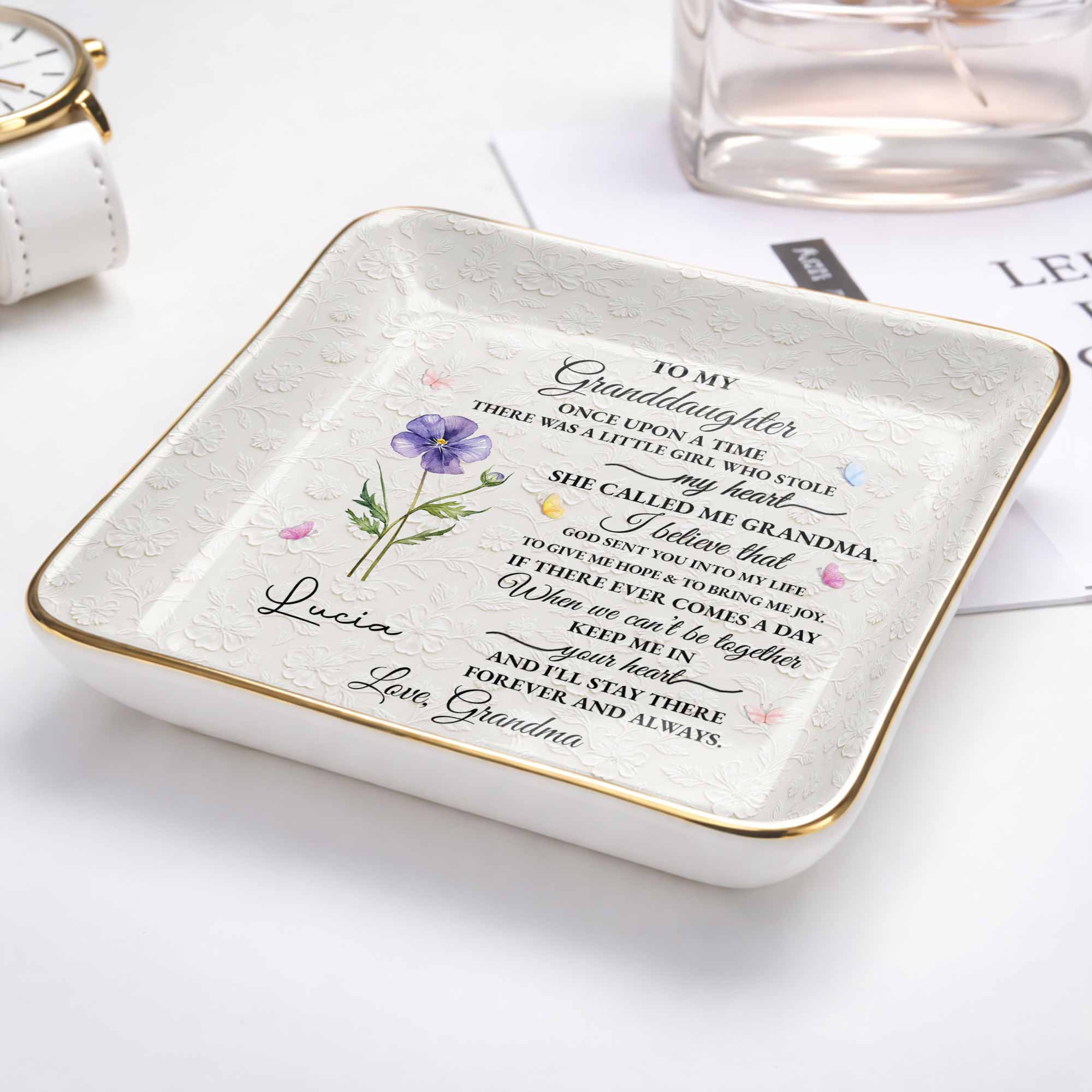 To My Granddaughter Once Upon A Time Flower Butterfly Jewelry Dish - Personalized Custom Jewelry Dish, Ceramic Dish, Square Shape - GDT613_SCRF - Image 5